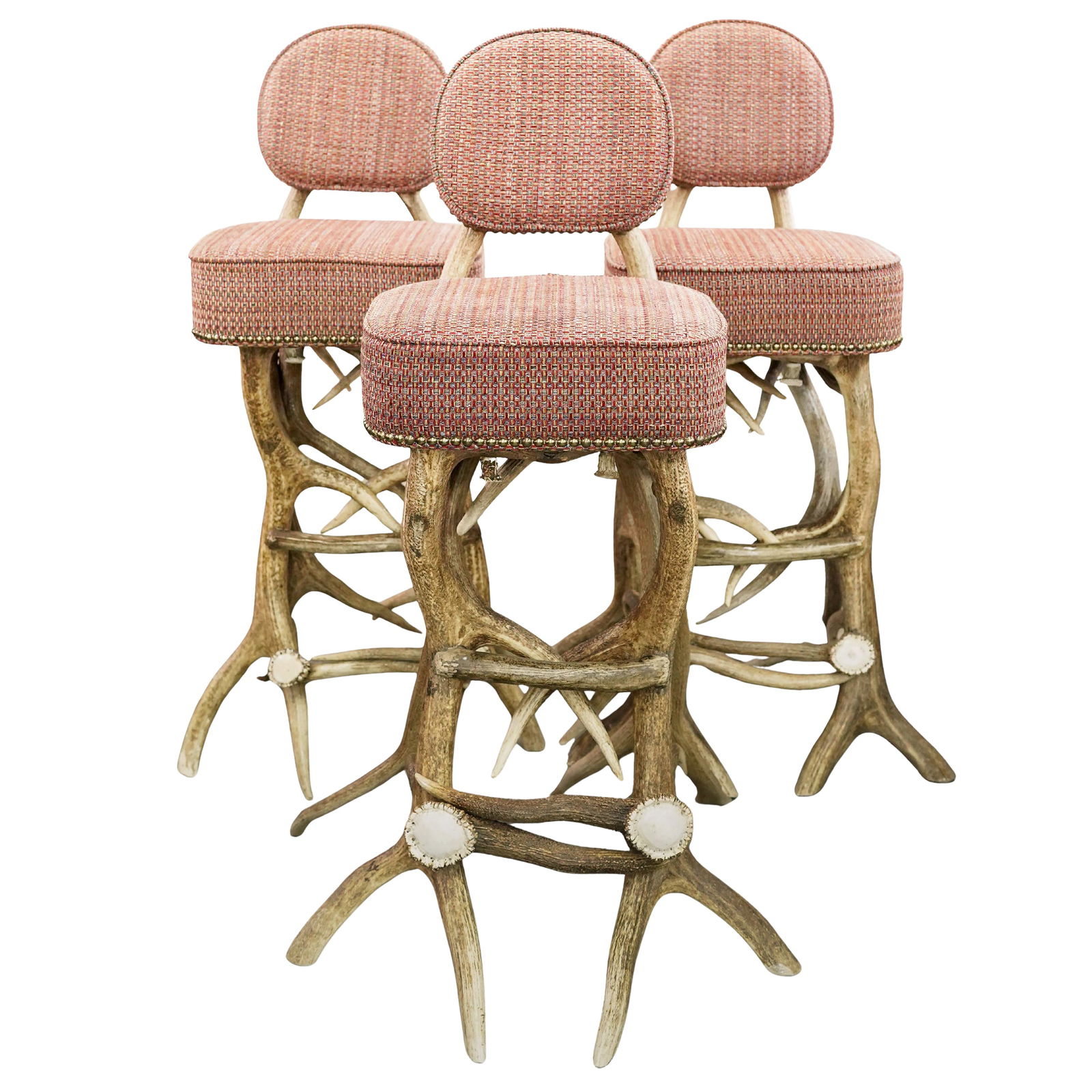 (3 pcs) Elk Antler Bar Stools: (3 pcs) Elk Antler Bar Stools Mid 20th century, North American Handcrafted shed elk antler bar stools featuring multicolored woven fabric upholstered seats and back rests. H 43.5" x Depth 17" x W