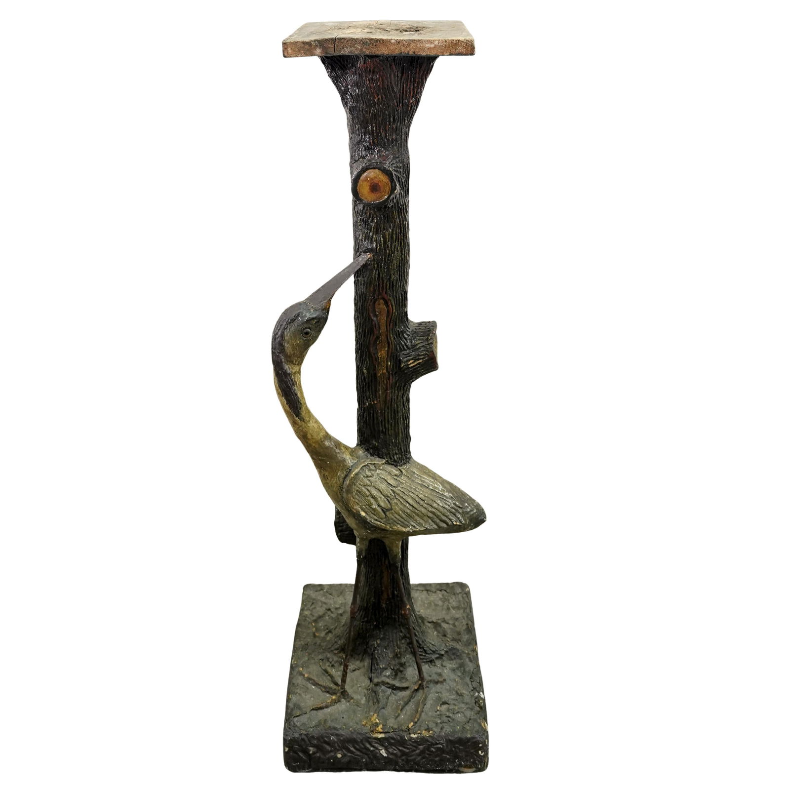 Antique Black Forest Wooden Pedestal: Antique Black Forest Wooden Pedestal Late 19th-early 20th century An antique Black Forest wooden pedestal featuring a crane at the base with a carved tree trunk, supporting a flat top base.