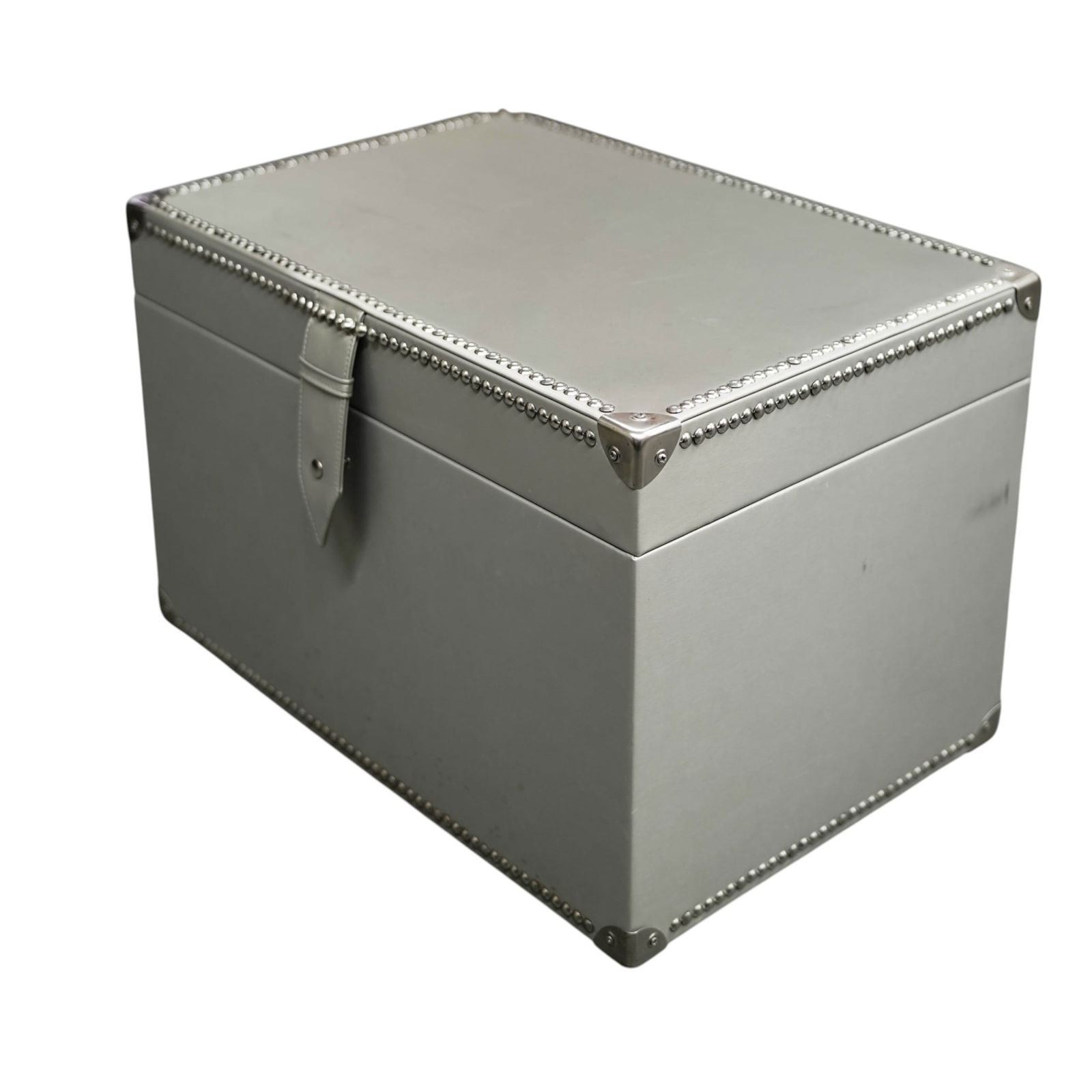 Custom Kravet Leather Chest: Custom Kravet Leather Chest 21st century A custom made studded gray Kravet leather wrapped trunk. Wheels. H 19.5" x L 26" x W 18"
