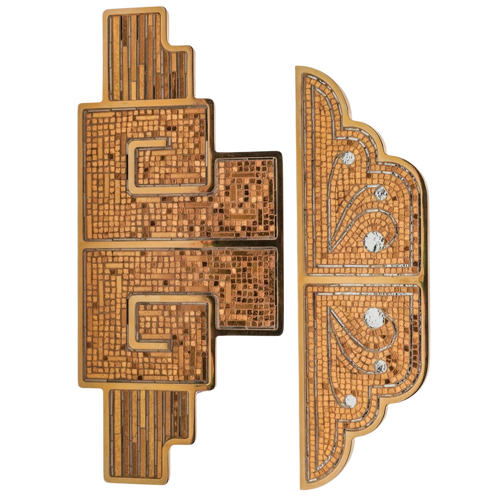 (2 pcs) SICIS "Tai" and "Maia" Mosaic Door Handles: (2 pcs) SICIS "Tai" and "Maia" Mosaic Door Handles21st century, ItalianDoor handles manufactured by SICIS.(1) "Tai" mosaic door handle, aluminum alloy with a polished gold finish.(1) "Maia" mosaic doo