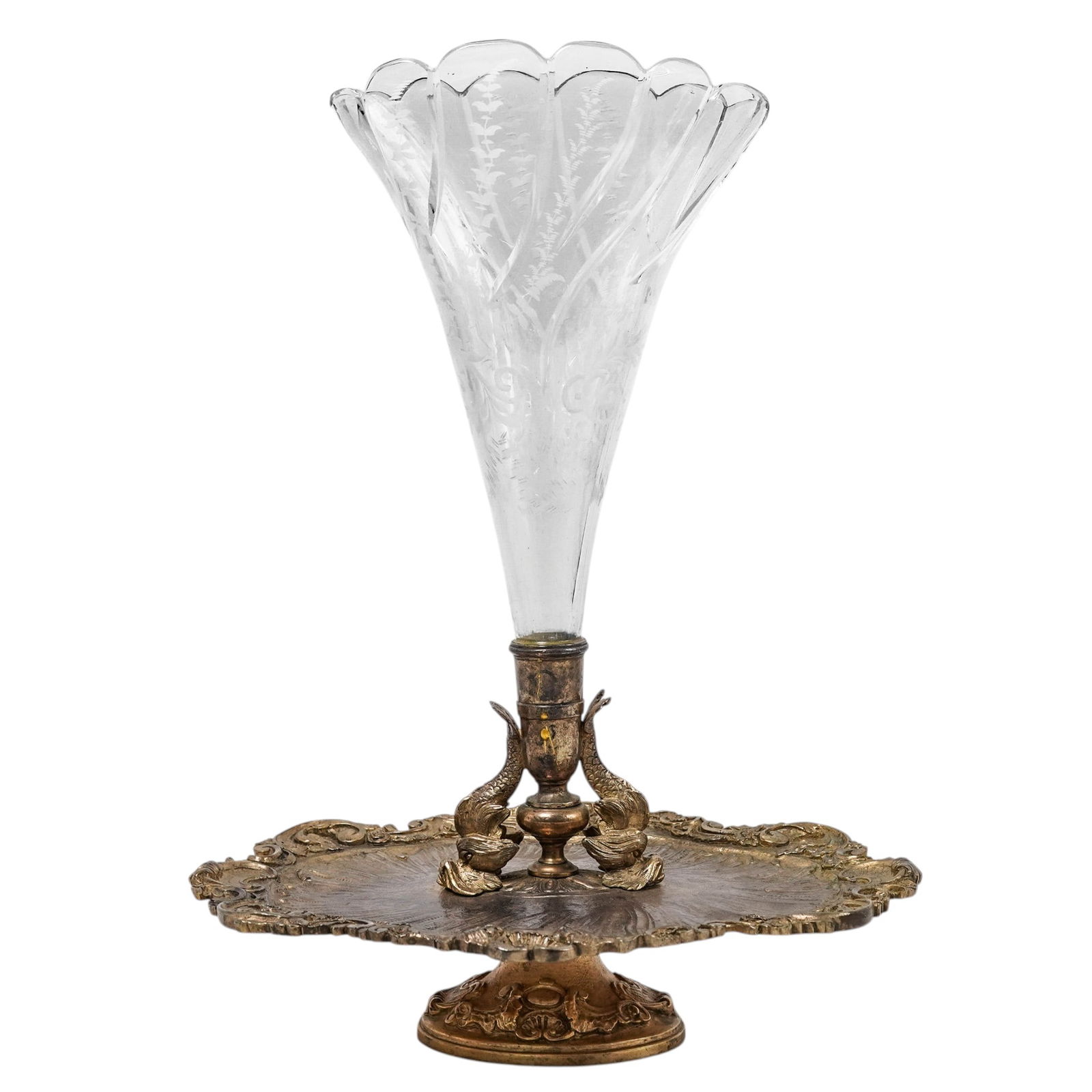 Antique French Crystal & Gilt Bronze Trumpet Centerpiece Vase: Antique French Crystal & Gilt Bronze Trumpet Centerpiece VaseLate 19th -early 20th century, FrenchAntique French crystal and gilt bronze trumpet centerpiece vase, featuring intricate floral etching mo
