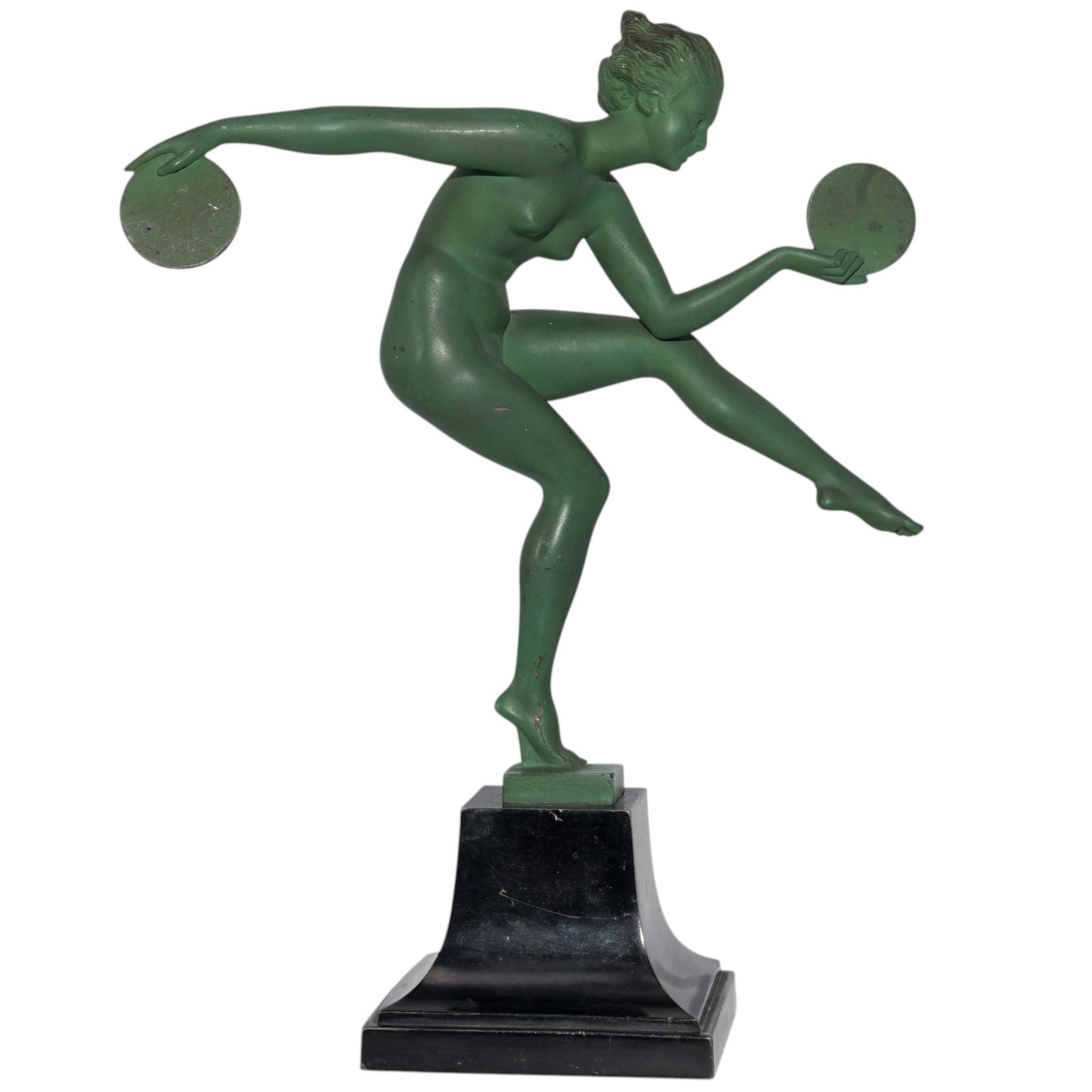 After Derenne Art Deco "Danse Paienne" Sculpture: After Derenne Art Deco "Danse Paienne" Sculpture circa 1930s, French Art Deco 1930s mixed metal sculpture after Marcel-André Bouraine, known professionally as Derenne, a French sculptor born in 1886