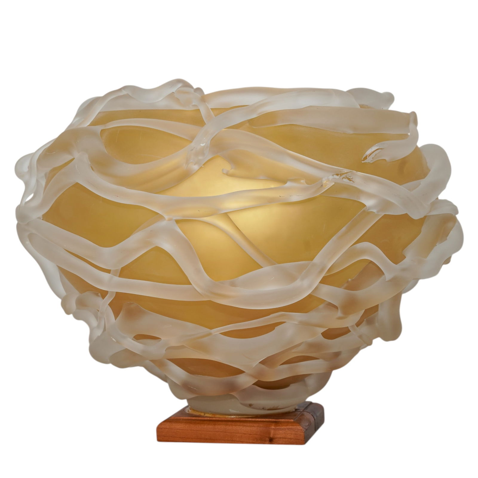 Molly Stone “Tornado Bowl" Frosted Glass Bowl with Gilt Gold Interior: Molly Stone “Tornado Bowl” Frosted Glass Bowl with Gilt Gold InteriorLate 20th Century, USALarge sculptural art glass bowl titled “Tornado Bowl,” by Molly Stone. Made with a frosted ex