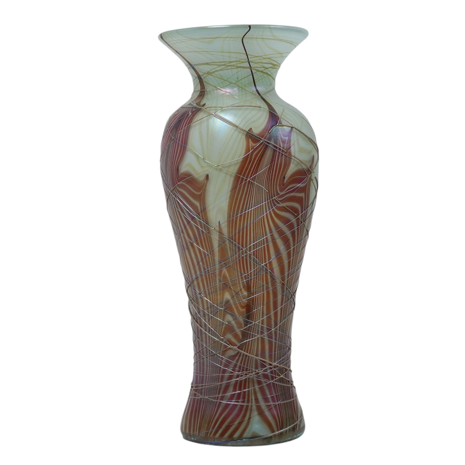 Pulled Feather Studio Art Glass Vase: Pulled Feather Studio Art Glass Vase20th CenturyArt glass vase in light green glass with a pearlescent sheen, decorated with pearlescent reeded threading extending around the body and rising to the fl