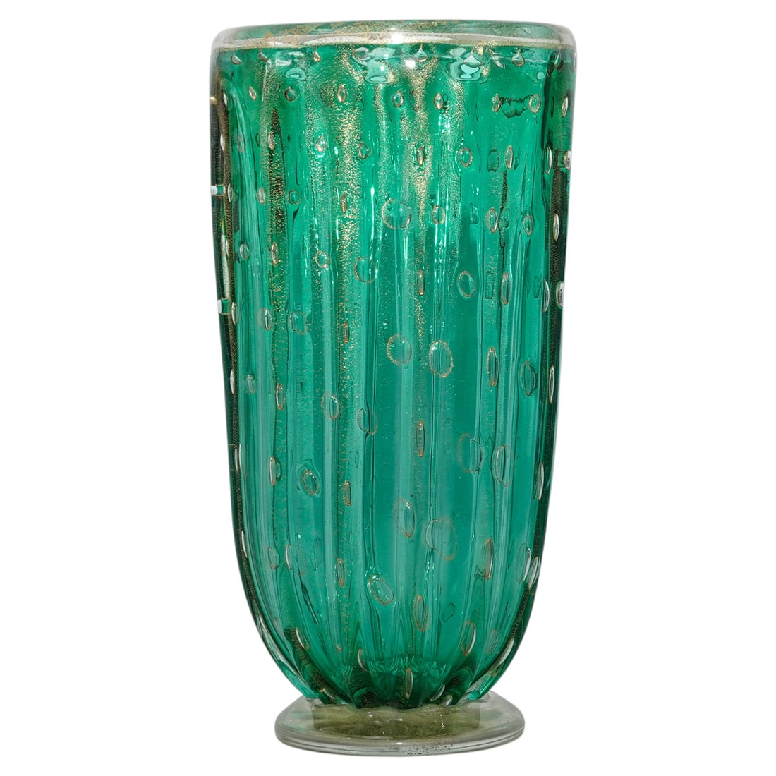 Murano Art Glass Ribbed Vase: Murano Art Glass Ribbed Vase Mid 20th Century, Italy Hand-blown Murano art glass vase with a vertically ribbed green glass body, incorporating controlled bubbles running from rim to base. A