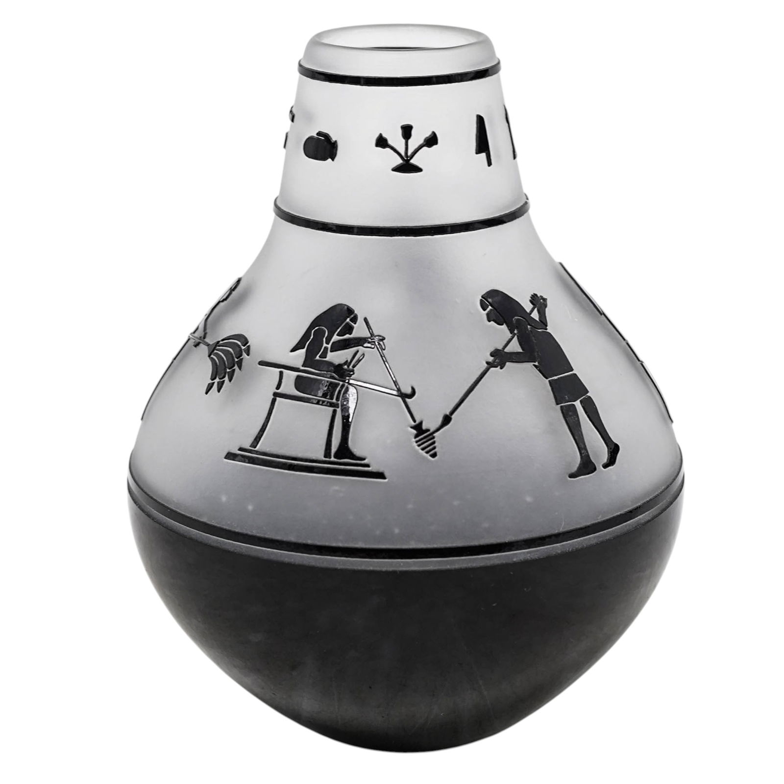 David Wedsworth Egyptian Motif Art Glass Vase: David Wedsworth Egyptian Motif Art Glass Vase 1983, USA Small art glass vase by David Wedsworth with a satin-etched surface, decorated throughout with Egyptian worker figures and symbolic motifs in