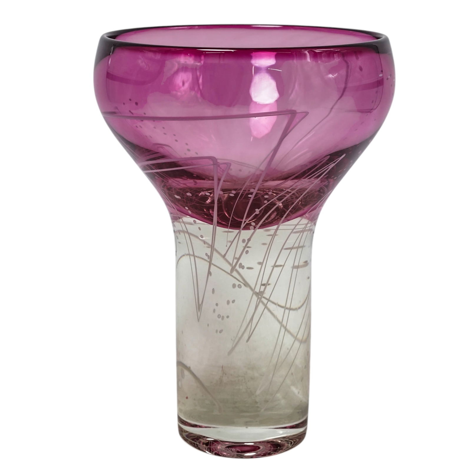 Mark Sudduth Art Glass Centerpiece Bowl: Mark Sudduth Art Glass Centerpiece Bowl Late 20th Century, USA Art glass centerpiece bowl in pink-to-purple tones, raised on a clear pedestal base. Decorated with white geometric line work extending