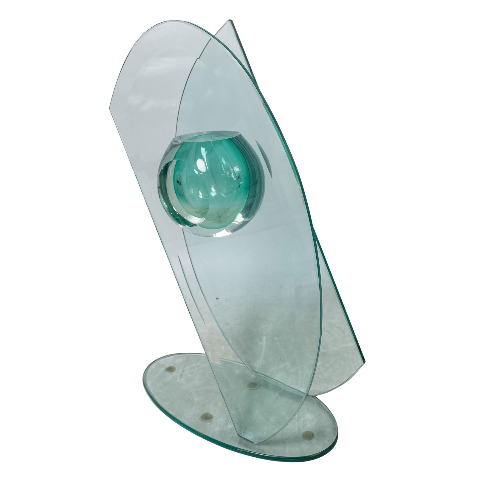 Richard Silver Abstract Glass Sculpture: Richard Silver Abstract Glass SculptureLate 20th century, United StatesLarge abstract studio glass sculpture executed in clear and light green "Coke-Bottle" glass, composed of intersecting curved plan