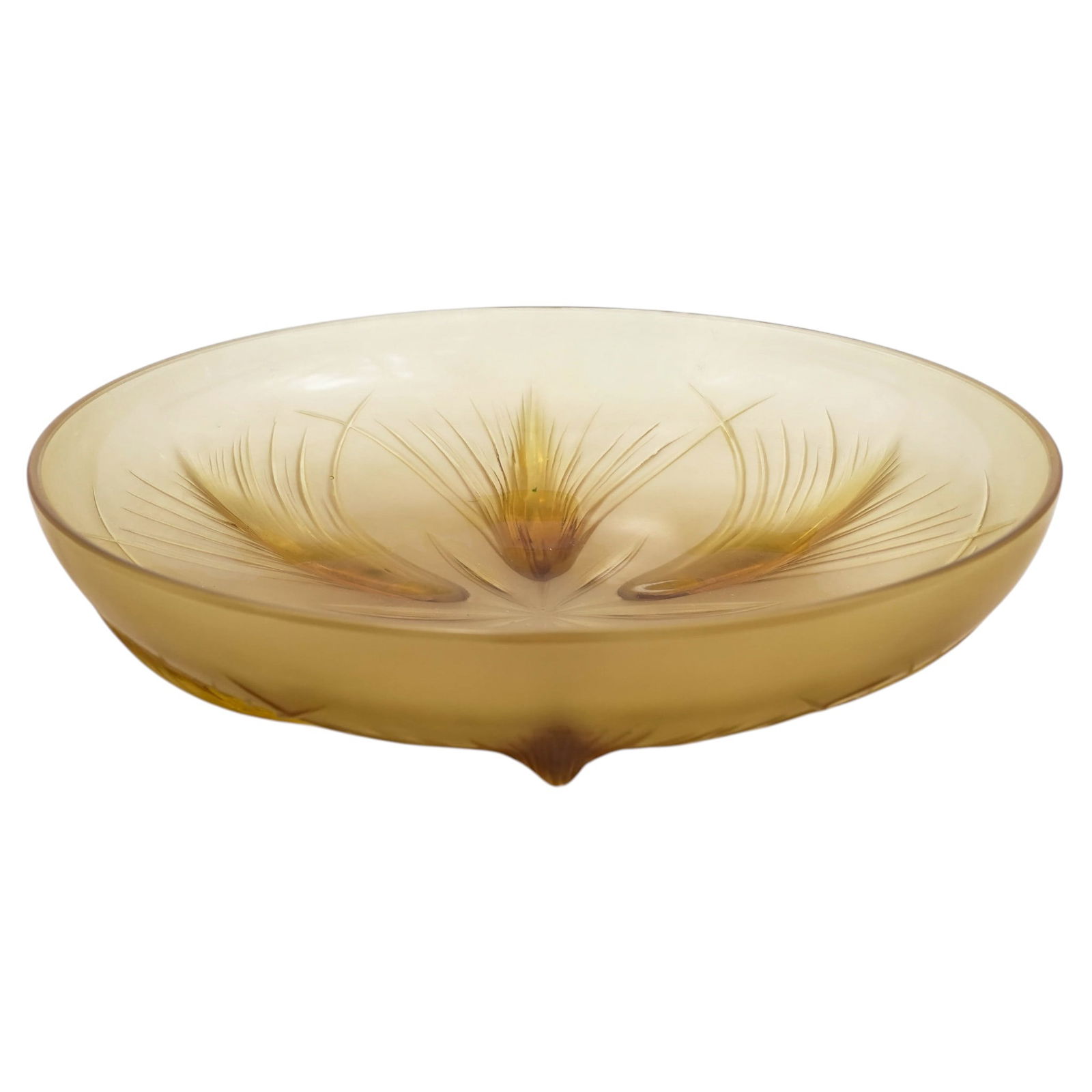 1930s Verlys Amber Glass Shallow Bowl: 1930s Verlys Amber Glass Shallow Bowl 1930s, France Vintage shallow bowl by Verlys in amber pressed glass with a radiating foliate and blooming botanical motif. Molded leaf forms and feathered