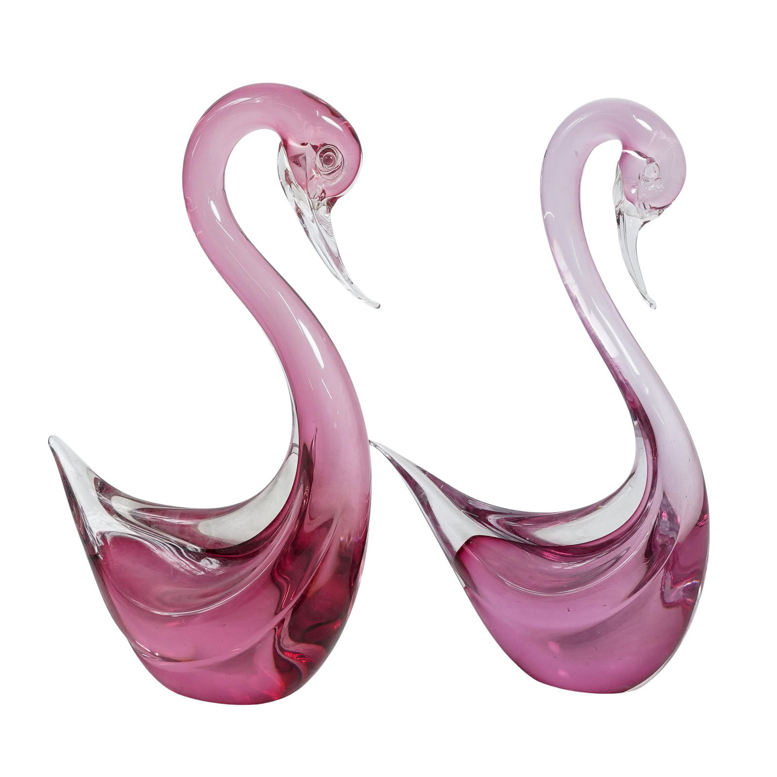 Pair Murano Sommerso Glass Swan Sculptures: Pair Murano Sommerso Glass Swan Sculptures 20th century, Italian A pair of Murano art glass sculptures depicting a swan figural sculpture, designed with a cranberry and clear sommerso technique. H: