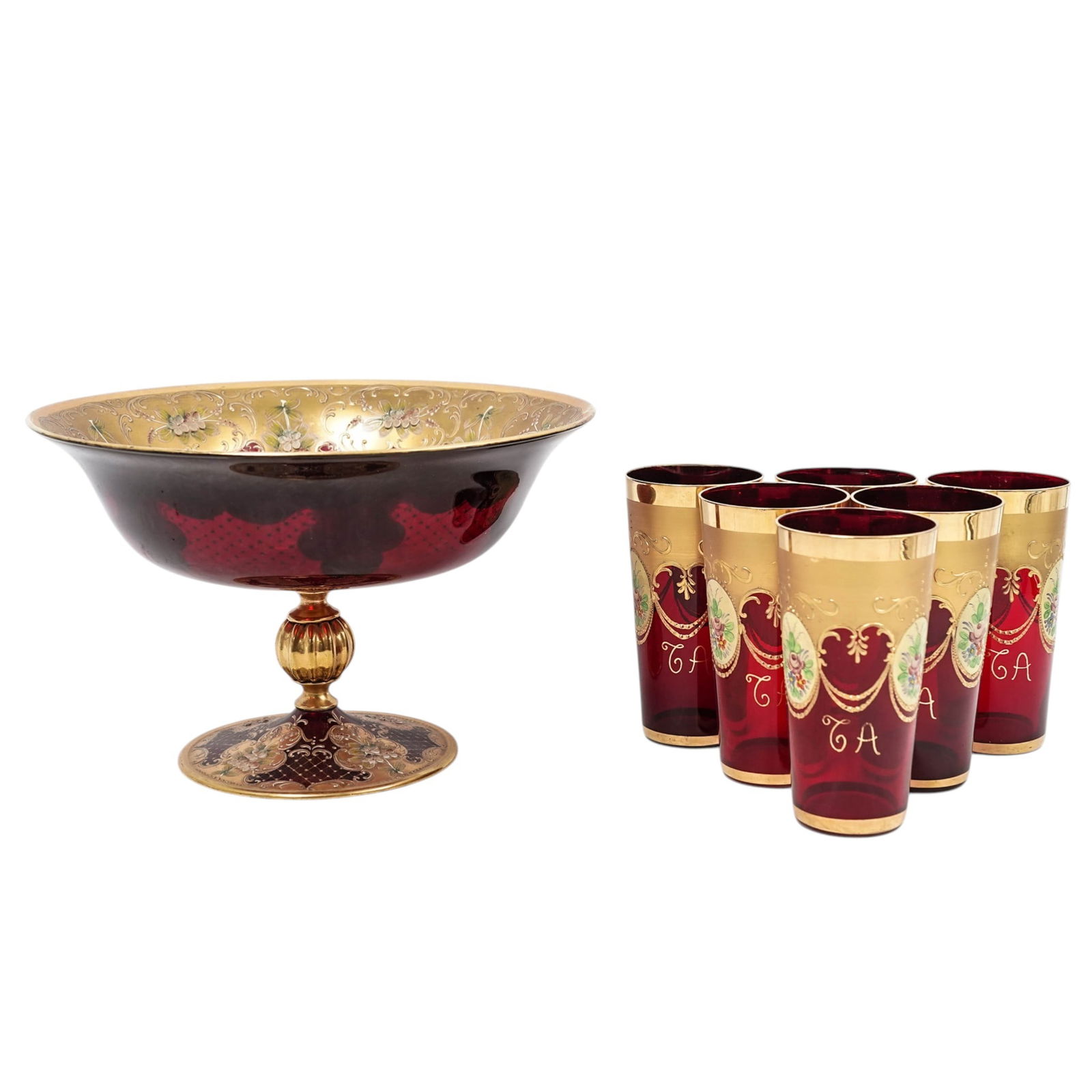 Bohemian Ruby Red Glass Punch Bowl & Six Tumblers Set (1 of 8)