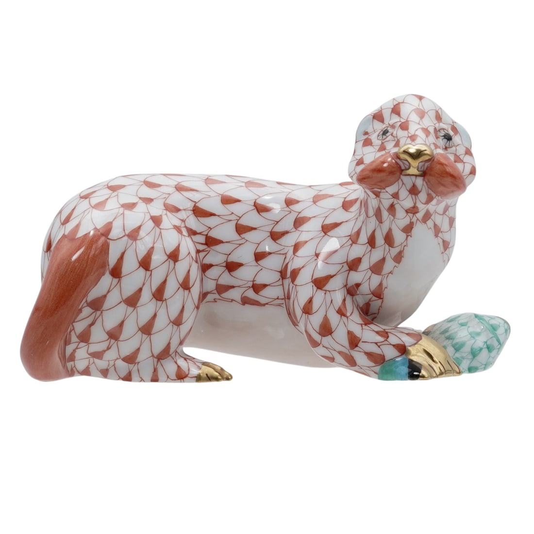 Herend Porcelain "Sea Otter" Rust Fishnet Figurine: Herend Porcelain "Sea Otter" Rust Fishnet FigurineLate 20th century, HungarianHerend porcelain figurine depicting a sea otter with a fish in the rust fishnet pattern with 24k gold accents. Marked with