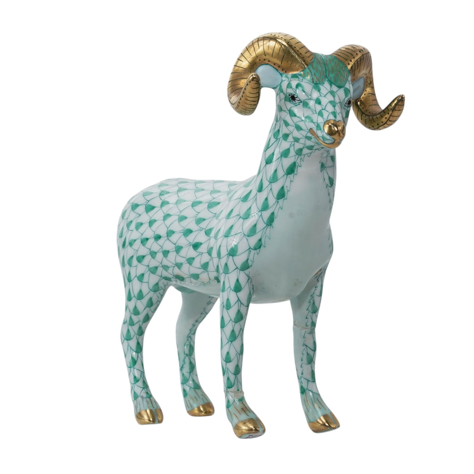 Herend Porcelain "Standing Ram" Green Fishnet Figurine: Herend Porcelain "Standing Ram" Green Fishnet Figurine20th century, HungarianHerend porcelain figurine depicting a ram in the green fishnet pattern with 24k gold accents. Marked with Herend hallmarks