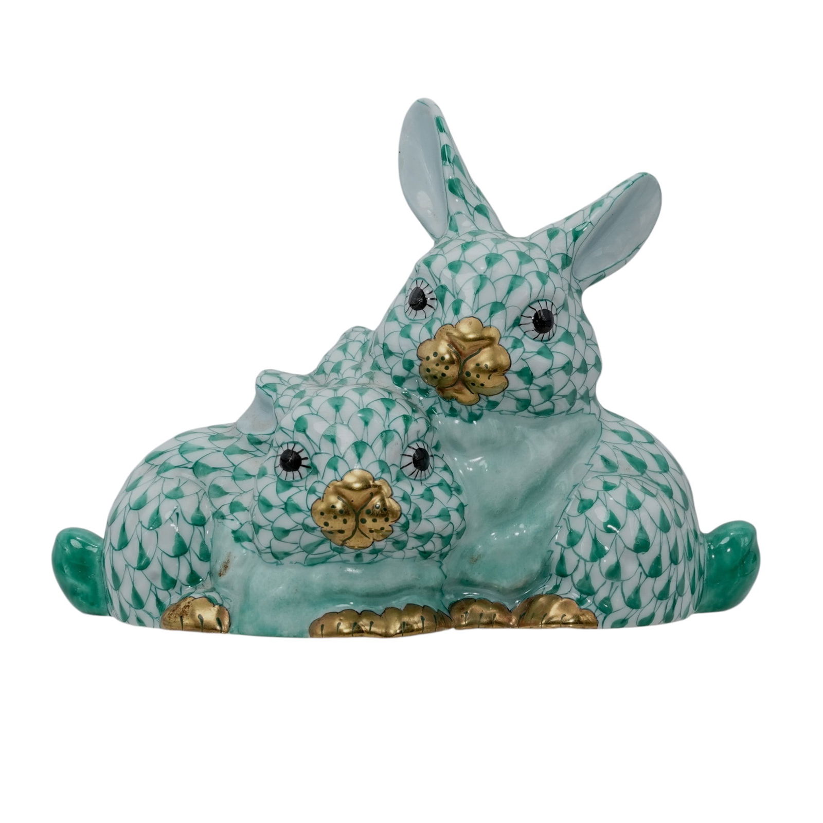 Herend Porcelain "Cuddly Rabbits" Green Fishnet Figurine (1 of 4)