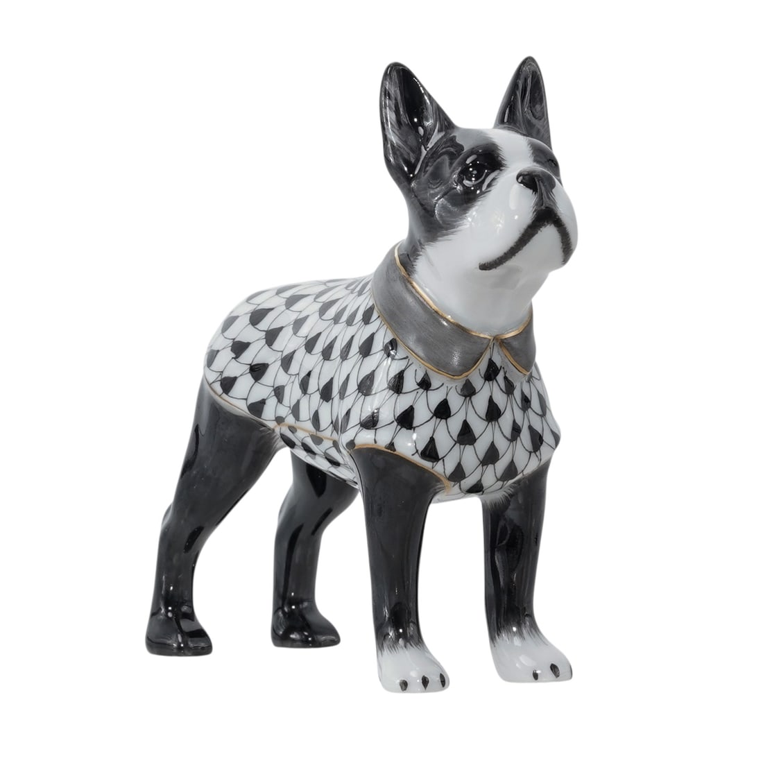 Herend Porcelain "Boston Terrier" Black Fishnet Figurine: Herend Porcelain "Boston Terrier" Black Fishnet Figurine20th century, HungarianHerend porcelain figurine depicting a Boston terrier dog wearing a sweater in the black fishnet pattern with 24k gold acc