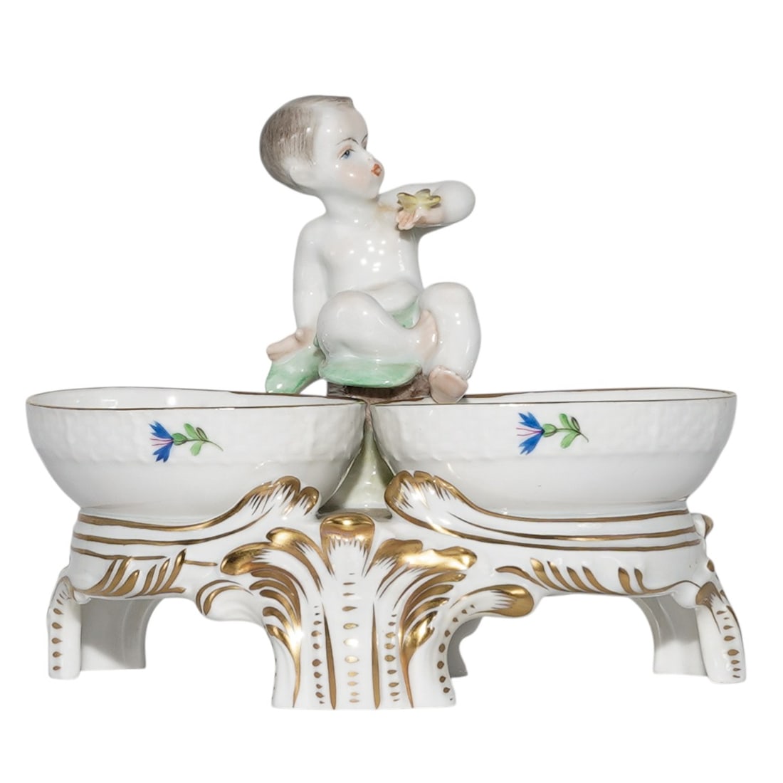 Herend Porcelain Figural Double Salt Dip: Herend Porcelain Figural Double Salt Dip20th Century, HungarianHerend porcelain figural double salt dip in white porcelain decorated with hand painted 'Blue Garland (PBG)' pattern, with painted blue h