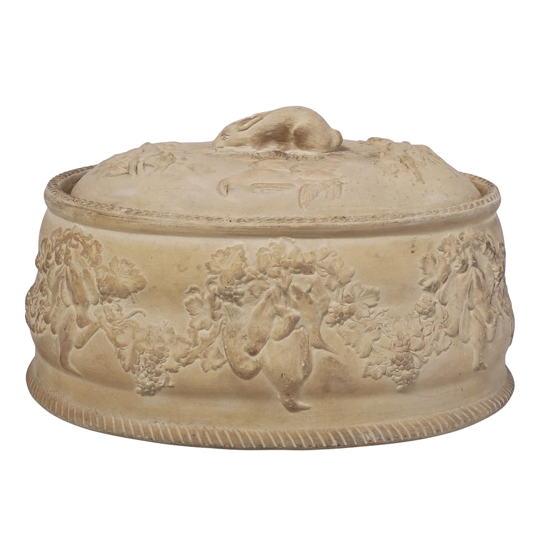 Victorian Reed Caneware Game Pie Dish With Rabbit Lid: Victorian Reed Caneware Game Pie Dish With Rabbit Lid19th Cent. EnglishThis 19th-century Reed caneware game pie dish is an exceptional example of English relief-molded stoneware, designed with a buff-