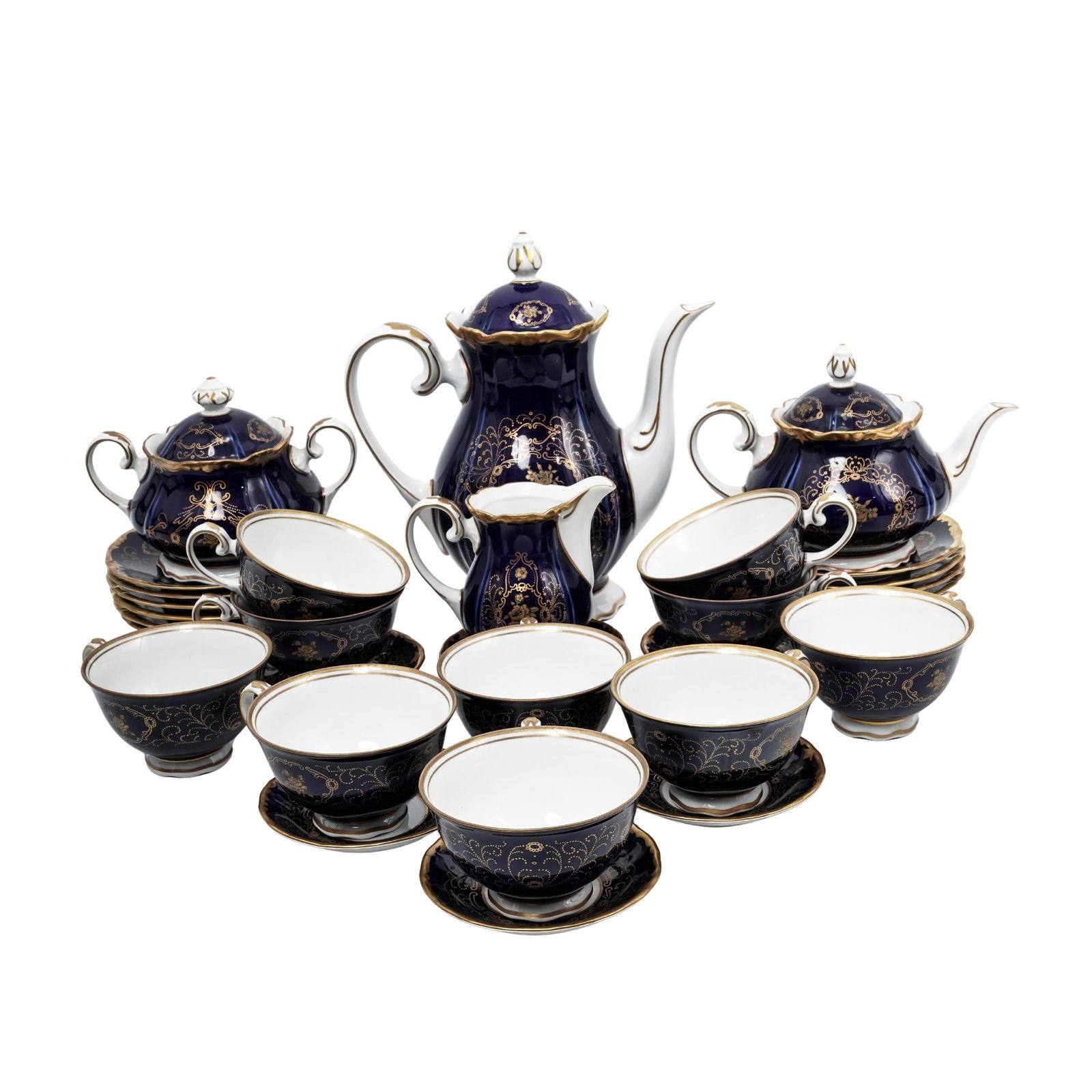 (30 pcs) Reichenbach German Porcelain Cobalt Blue and Gilt Coffee Service (1 of 7)