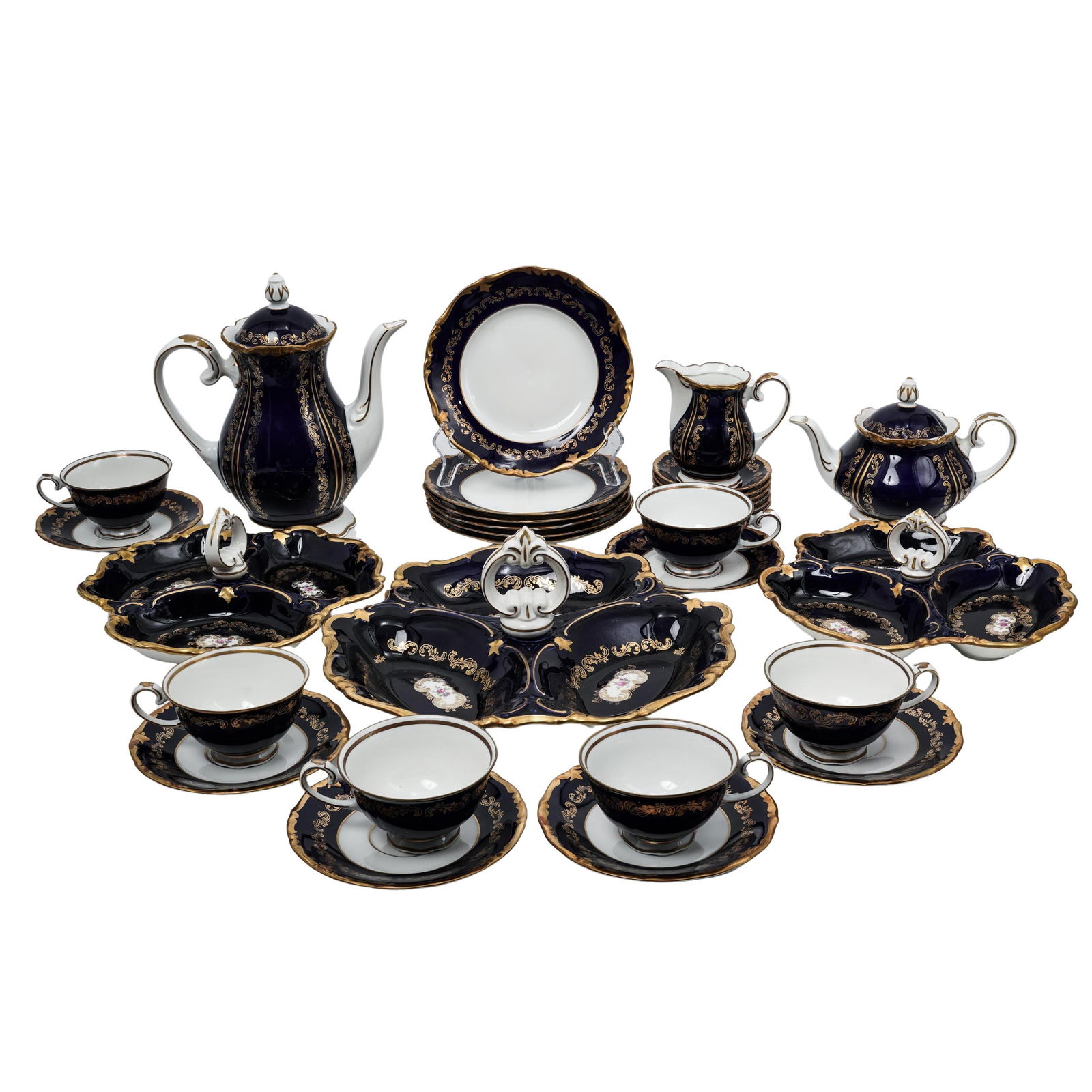 (30 pcs) Reichenbach German Porcelain Cobalt Blue Floral and Gilt Coffee Service (1 of 10)