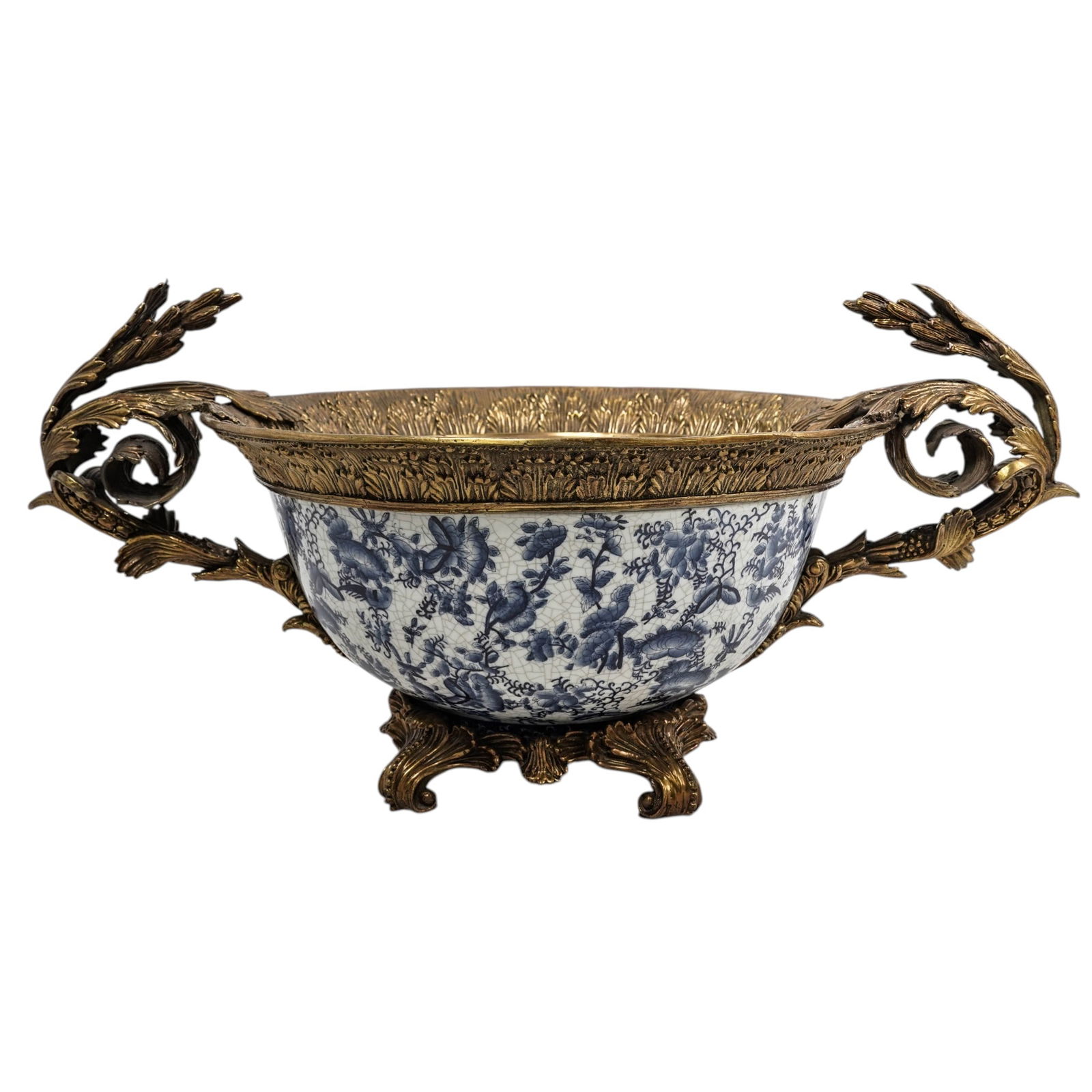 Castillian Blue & White "Willow" Porcelain & Bronze Bowl: Castillian Blue & White "Willow" Porcelain & Bronze Bowl20th century, ChineseThe main body is crafted from porcelain featuring a classic blue and white "Willow" pattern. The decorative handles, rim, a