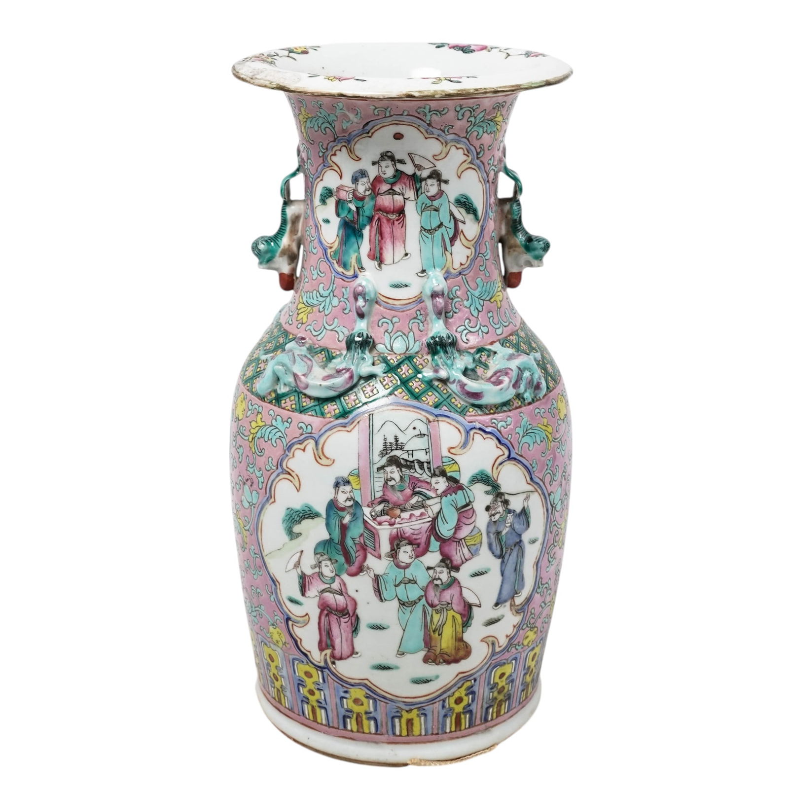Chinese Famille Rose Porcelain Baluster Vase: Chinese Famille Rose Porcelain Baluster Vase20th century, ChineseChinese Famille Rose porcelain baluster vase decorated with a pink ground, intertwined motifs, and figurative scenes in center medallio