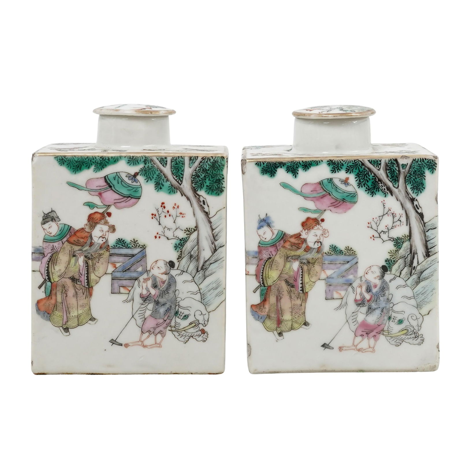 Pair Qing Dynasty Chinese Famille Rose Porcelain Tea Caddies: Pair Qing Dynasty Chinese Famille Rose Porcelain Tea Caddies19th century, ChineseLate 19th century Chinese famille rose porcelain tea caddies, decorated the Famille Rose palette,characterized by soft