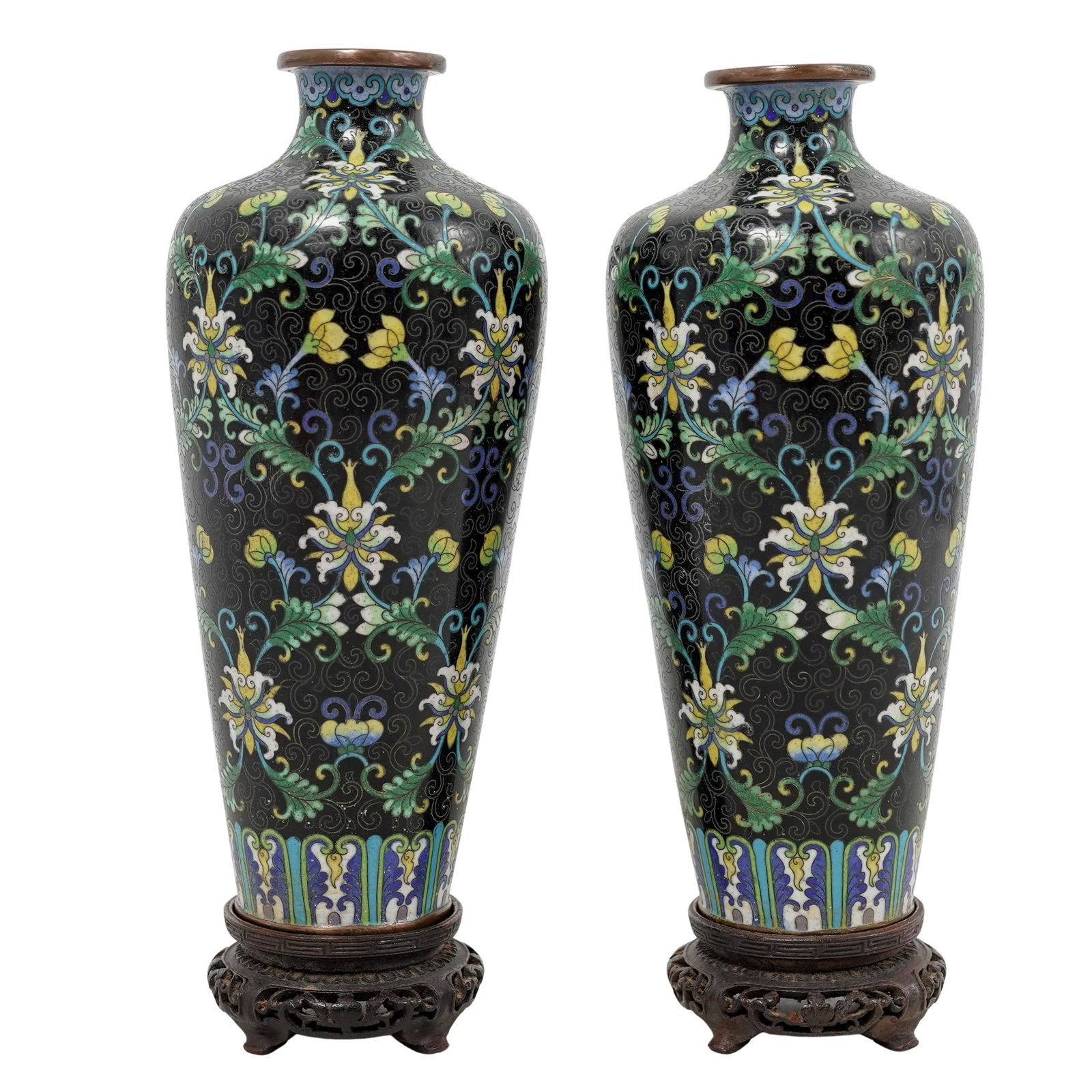Pair Chinese Cloisonné Famille Noire Enamel Vases (1 of 5)