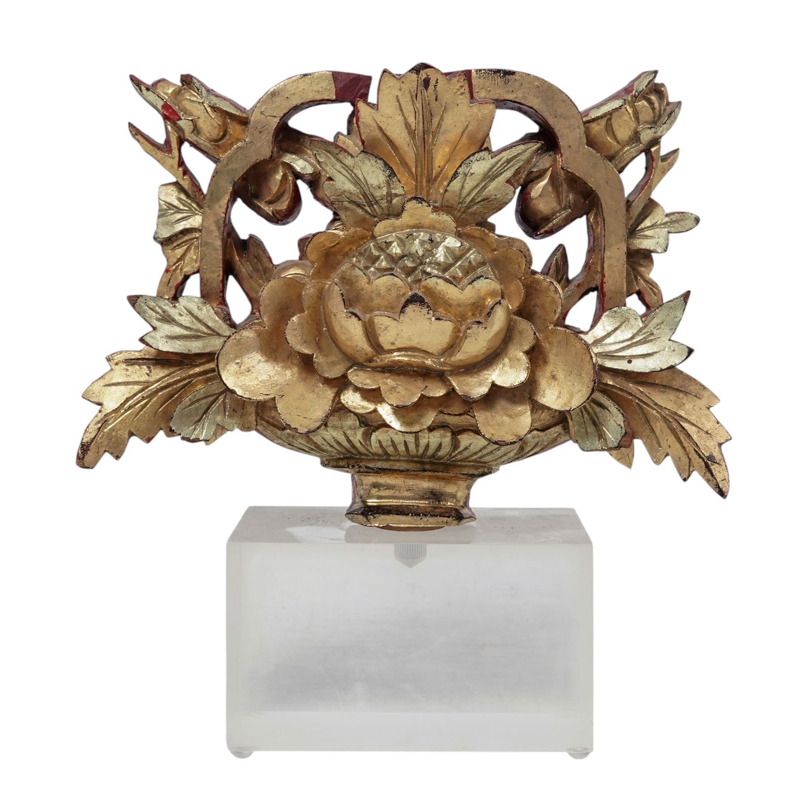 Antique Chinese Floral Giltwood Carving: Antique Chinese Floral Giltwood Carving19th century, ChineseAntique Chinese ornate hand-carved pierced giltwood fragment, likely part of a larger architectural structure, such as a wall panel or scree