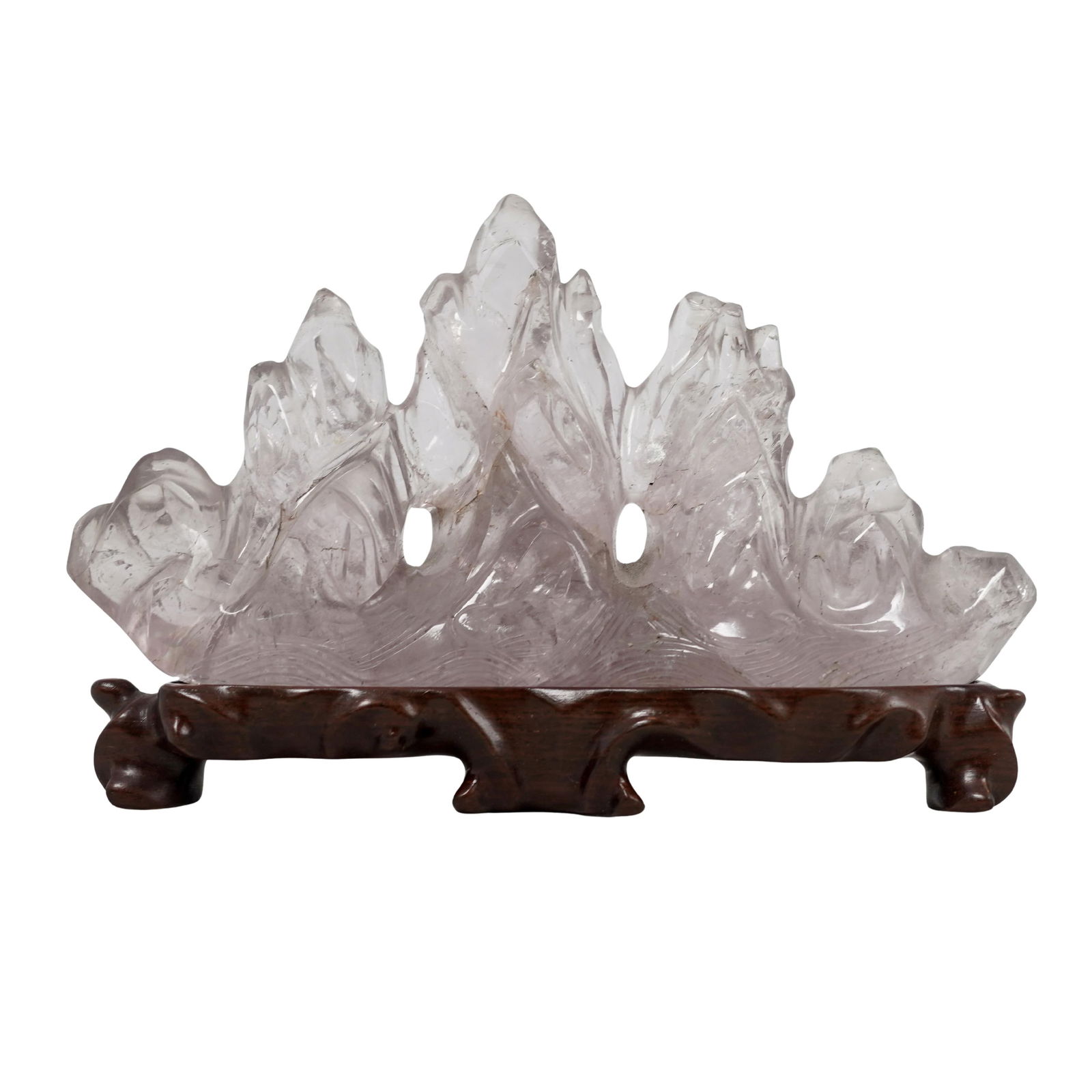 Chinese Carved Rose Quartz Crystal Brush Rest: Chinese Carved Rose Quartz Crystal Brush Rest20th century, ChineseHand-carved Rose quartz crystal sculpture, made from natural rose quartz, design to resemble a mountain range. It is mounted on a cust