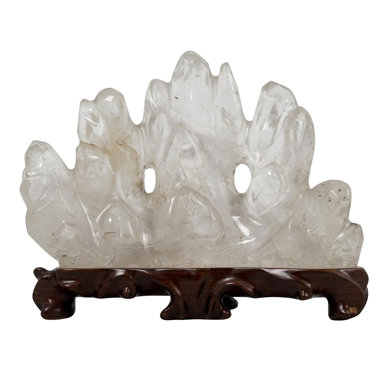 Chinese Carved Quartz Scholars Brush Rest: Chinese Carved Quartz Scholars Brush Rest20th century , ChineseChinese hand carved sculpture made of clear rock crystal (natural quartz), set on a custom-fitted dark wooden base. The object was used i