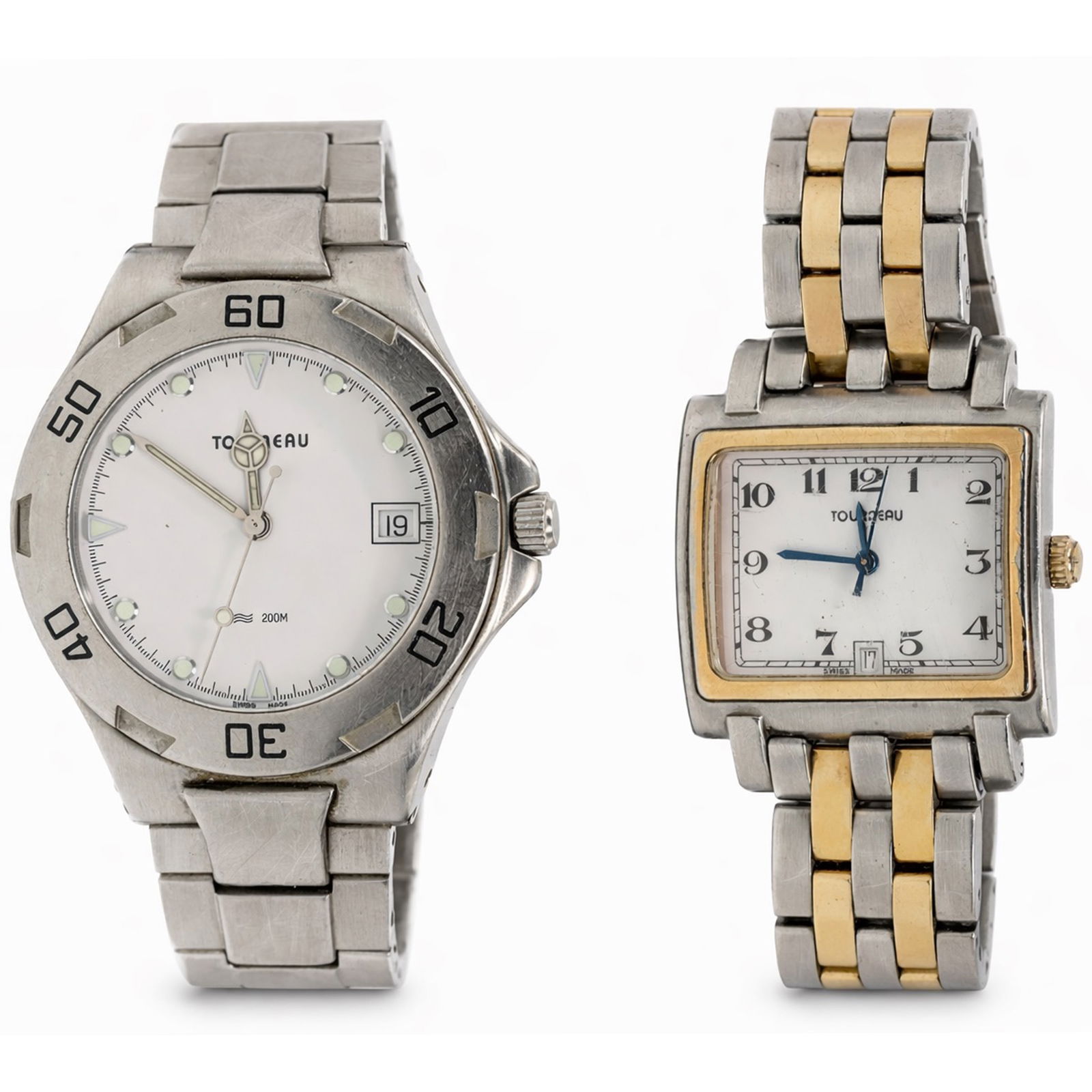 (2 Pcs) Tourneau Stainless Steel Quartz Watches: (2 Pcs) Tourneau Stainless Steel Quartz WatchesLate 20th Century, SwitzerlandGroup of two stainless steel quartz wristwatches by Tourneau.• Watch 1: Round stainless steel diver-style wristwatch w