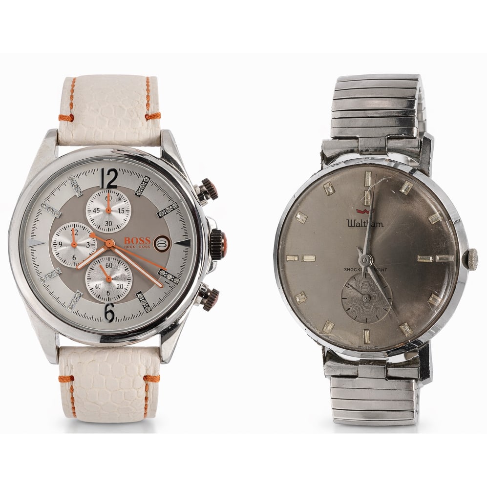 (2 Pcs) Waltham and Hugo Boss Quartz Watches: (2 Pcs) Waltham and Hugo Boss Quartz WatchesLate 20th CenturyOne Waltham manual-wind wristwatch with subsidiary seconds and shock-resistant marking, housed in a stainless steel and base-metal case wit