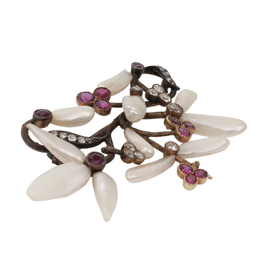 Antique Gilt Silver Pearl Diamond & Garnet Floral Brooch - 2