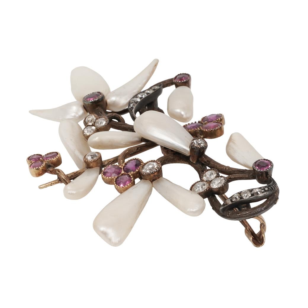 Antique Gilt Silver Pearl Diamond & Garnet Floral Brooch - 3