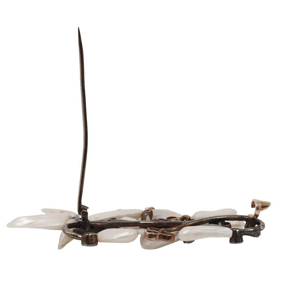 Antique Gilt Silver Pearl Diamond & Garnet Floral Brooch - 5