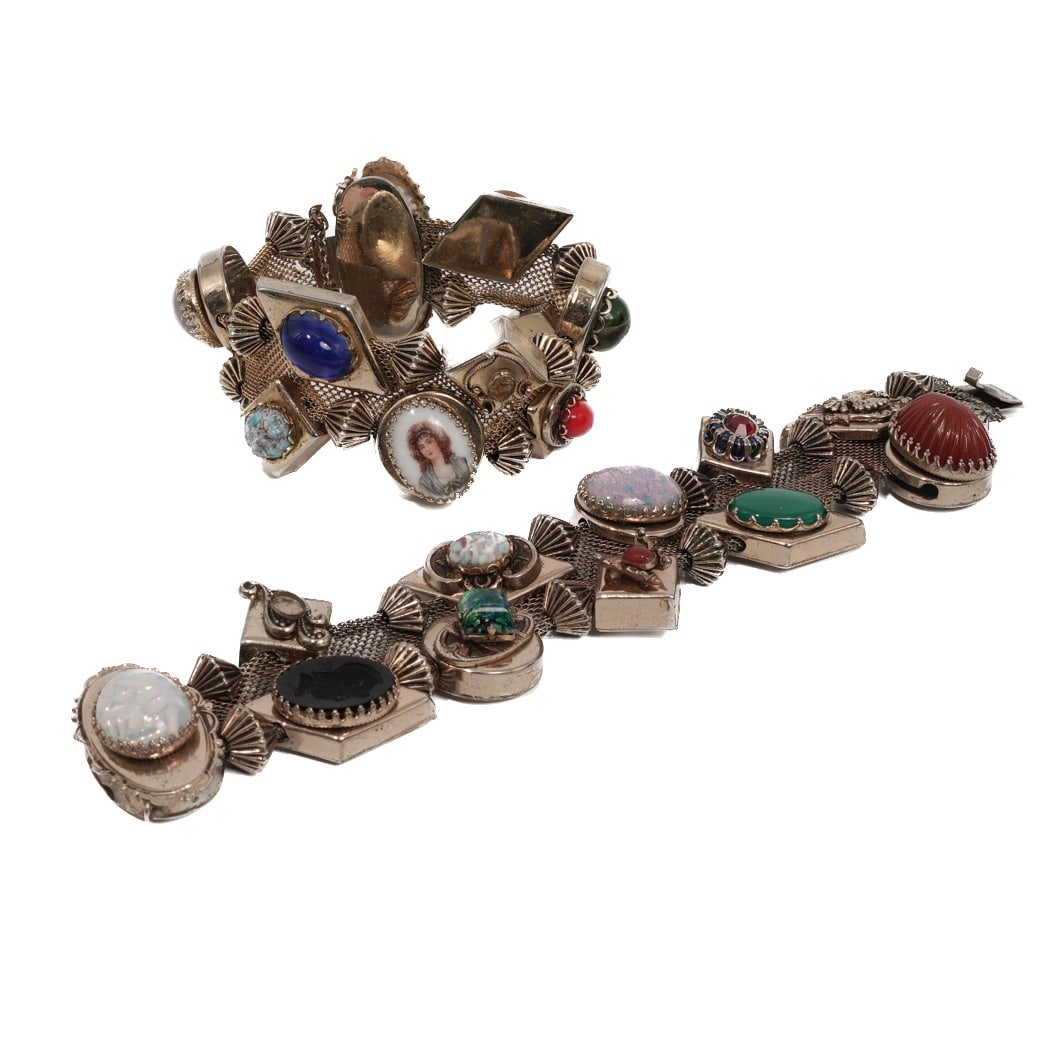 (2 Pcs) Victorian Revival Silver Charm Mesh Bracelets: (2 Pcs) Victorian Revival Silver Charm Mesh Bracelets Mid-20th Century, Victorian Revival Pair of Victorian Revival–style charm bracelets executed in silver, each constructed with a wide woven mesh