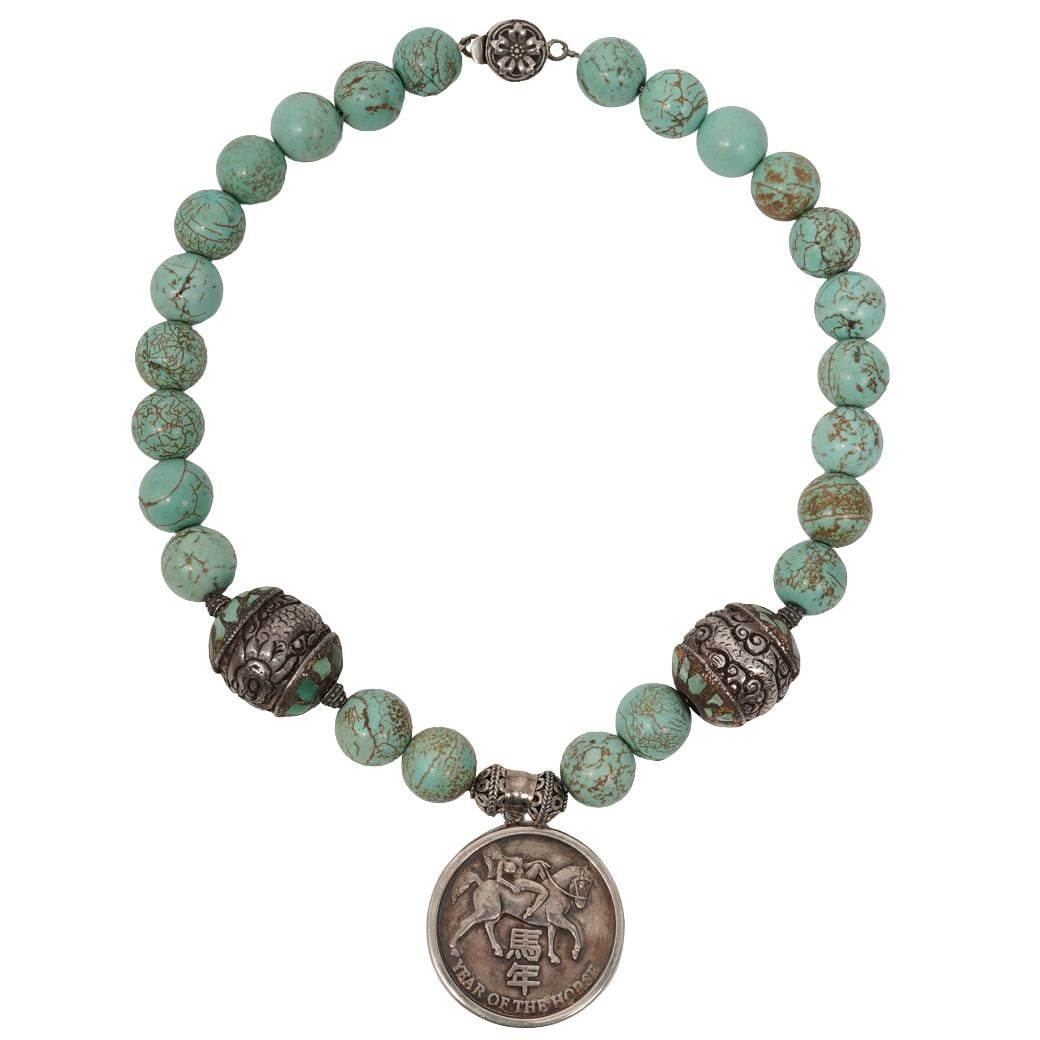 Vintage Sterling Silver & Turquoise Bead Necklace with Chinese Silver Coin Pendant (1 of 6)