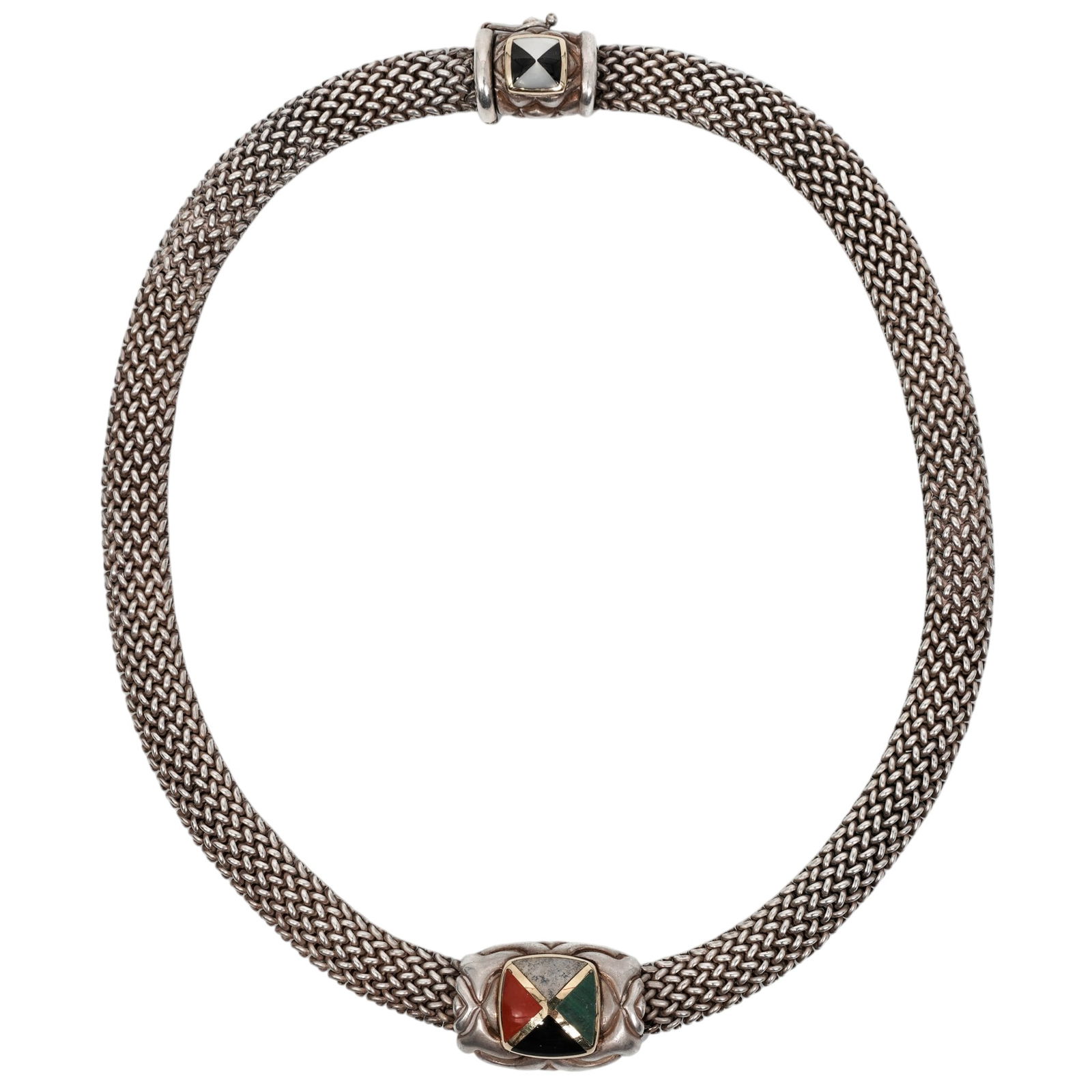 Asch Grossbard Sterling Silver & 18k Gold Multi-Stone Necklace: Asch Grossbard Sterling Silver & 18k Gold Multi-Stone Necklace Late 20th Century, USA Asch Grossbard sterling silver woven mesh necklace centering a sculptural panel set with triangular inlays of