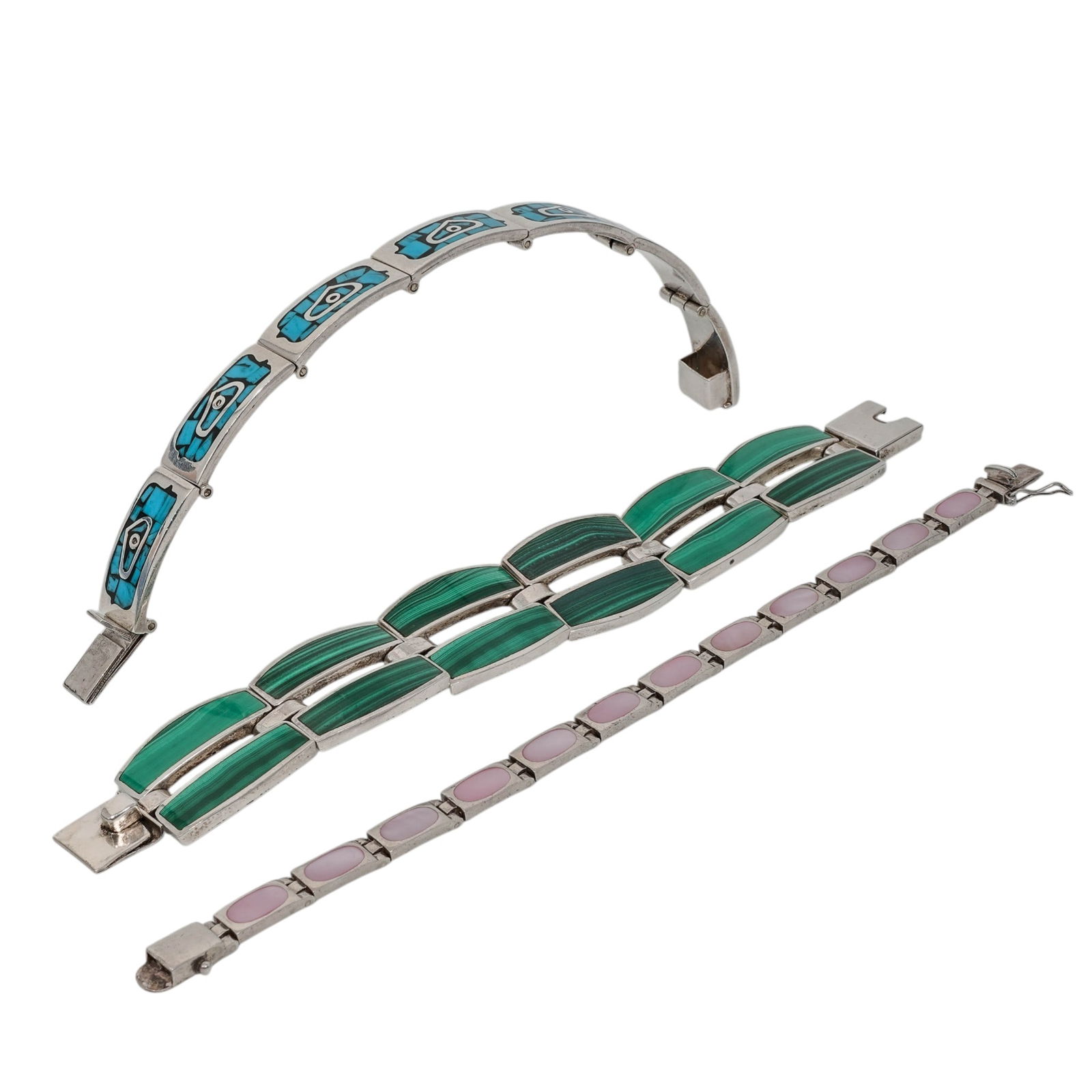 (3 Pcs) Sterling Silver & Hardstone Link Bracelets - 5