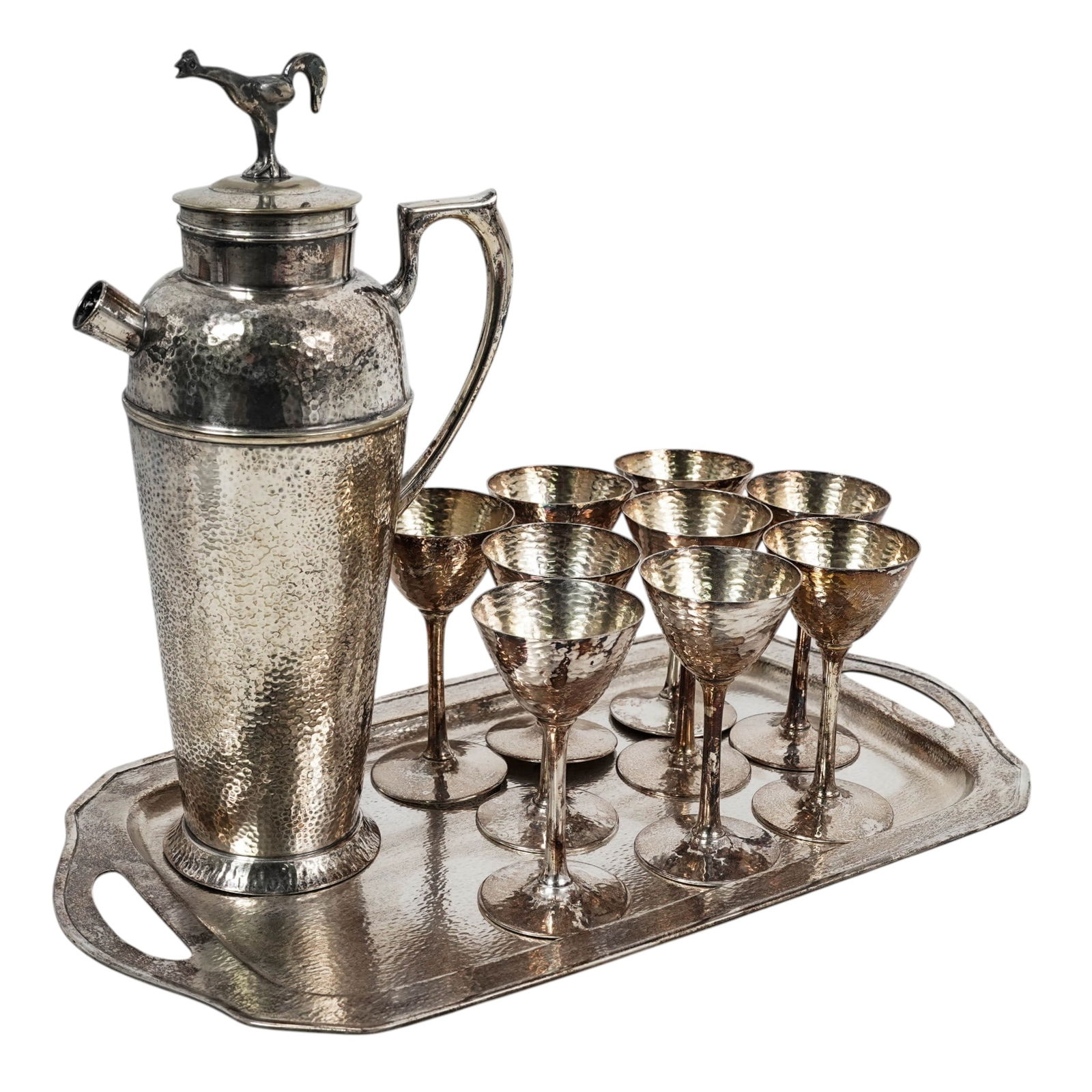 (11 pcs) Apollo by Bernard Rice's Sons Silver Plate Cocktail Set: (11 pcs) Apollo by Bernard Rice's Sons Silver Plate Cocktail SetEarly 20th century, AmericanBernard Rice's Sons Apollo Studio hammered silver-plate cocktail set. Each piece is marked on bottom "Apollo