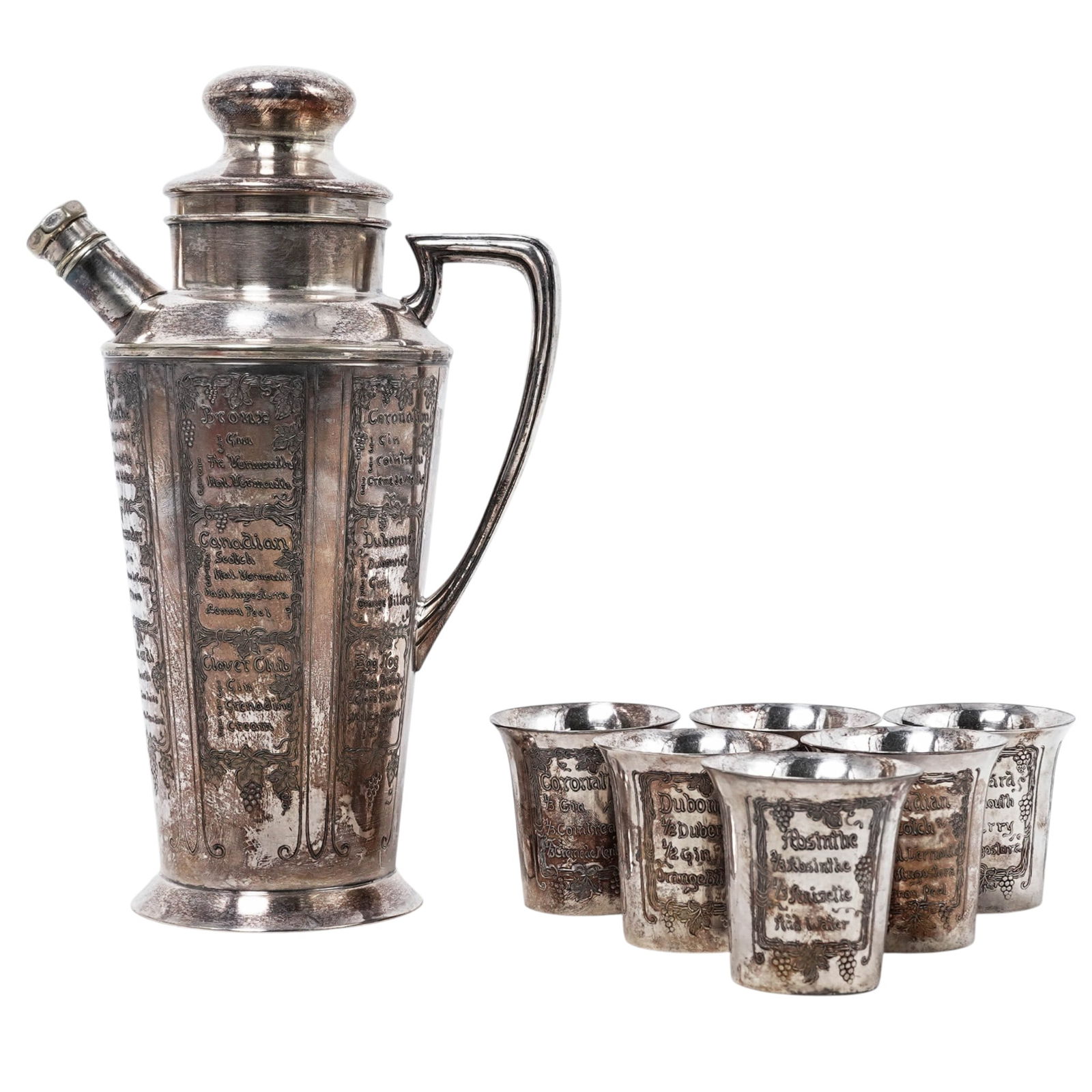 (7pc) Apollo Bernard Rice's Sons "What'll Yer Have" Silver Plated Cocktail Set: (7pc) Apollo Bernard Rice's Sons "What'll Yer Have" Silver Plated Cocktail Set1930. USAApollo "What'll Yer Have" silver-plated cocktail shaker, designed by Bernard Rice's Sons in the early 1930s. This