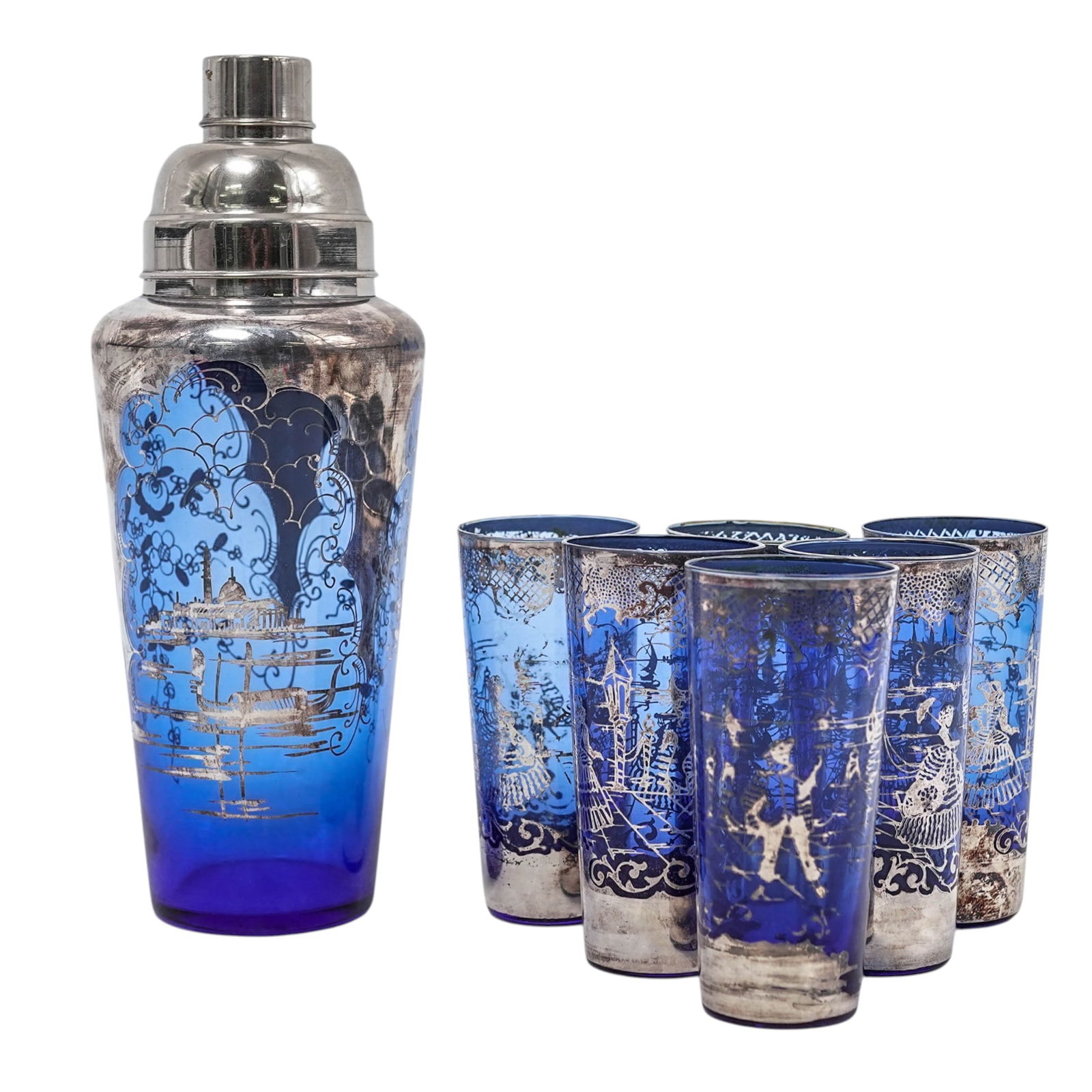 (7 Pc) Art Deco Cobalt w/ Silver Overlay Glass Shaker Set (1 of 4)
