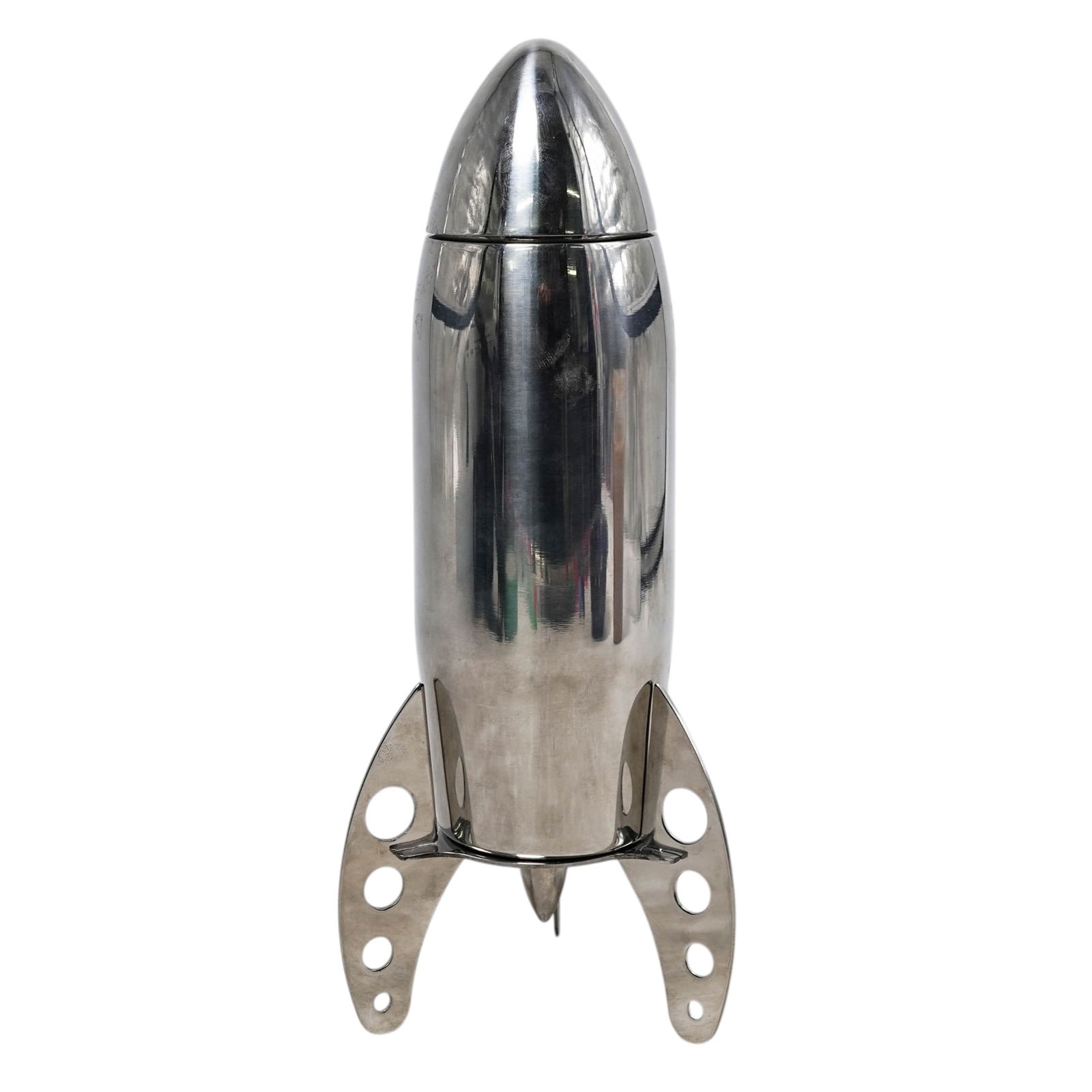 Viski Rocket Cocktail Shaker: Viski Rocket Cocktail Shaker21st century, AmericanRetro-inspired stainless steel rocket ship cobbler-style cocktail shaker featuring an aerodynamic main body with a built-in strainer for easy filterin