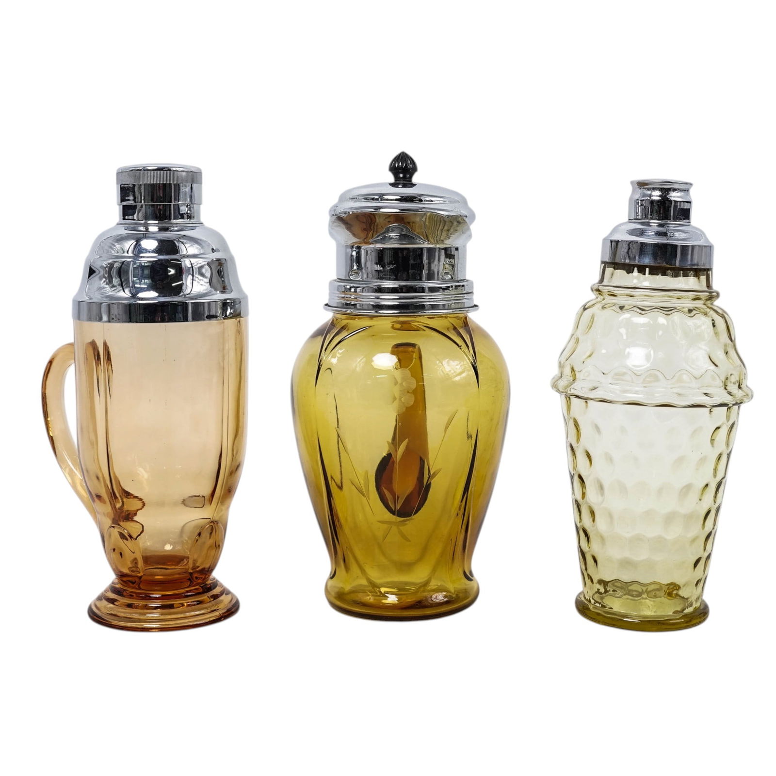 (3pc) Antique Art Deco Cocktail Shaker Collection: (3pc) Antique Art Deco Cocktail Shaker Collection Early 20th Cent., American Antique American Art Deco cocktail shaker collection, featuring three distinctive glass cocktail shakers from the American