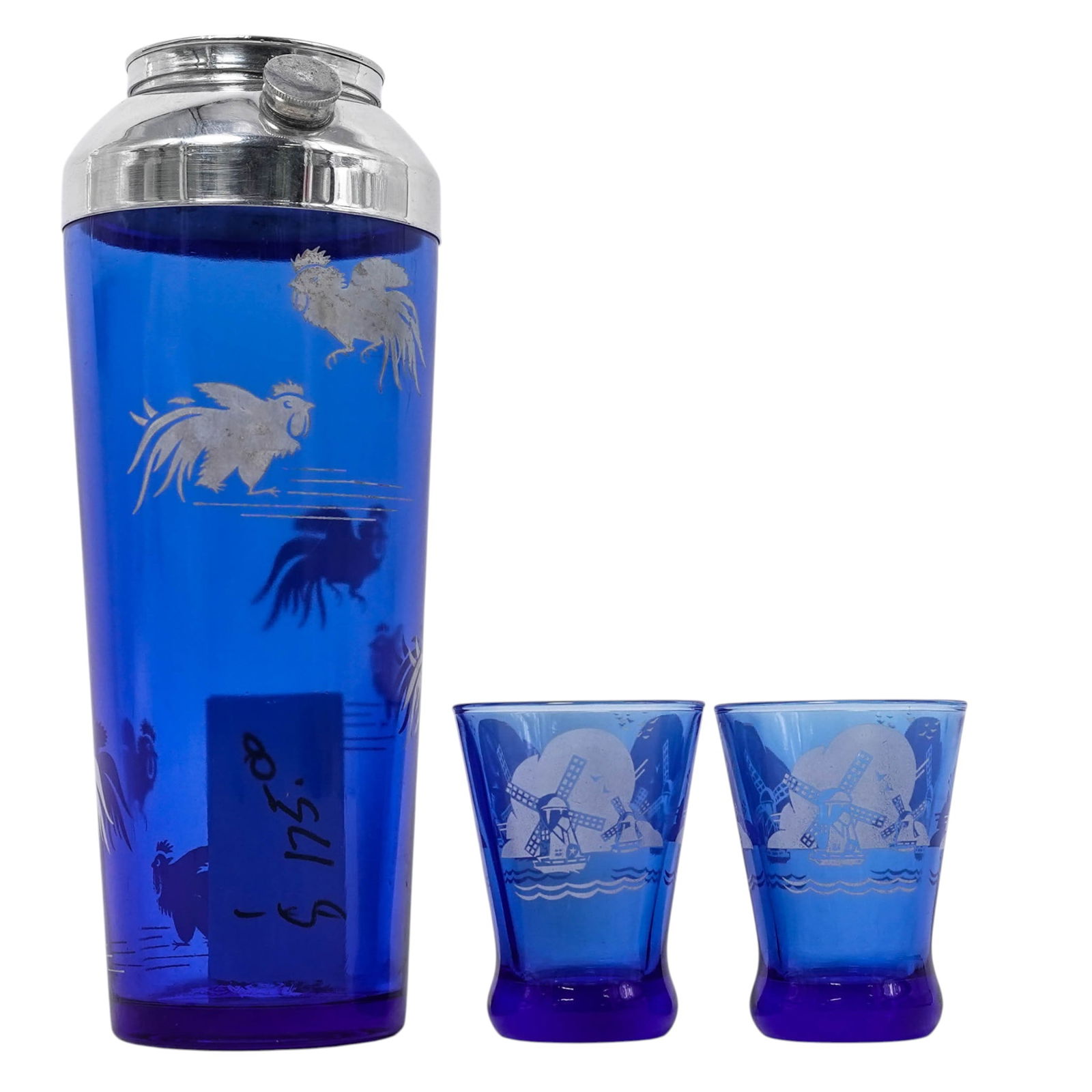 (3pc) Art Deco Hazel Atlas Sportsmans Glass Cocktail Set: (3pc) Art Deco Hazel Atlas Sportsmans Glass Cocktail Set 1930. American Art Deco Hazel Atlas Sportsmans glass cocktail set crafted from rich cobalt blue glass and featuring white, fired-on patterns.