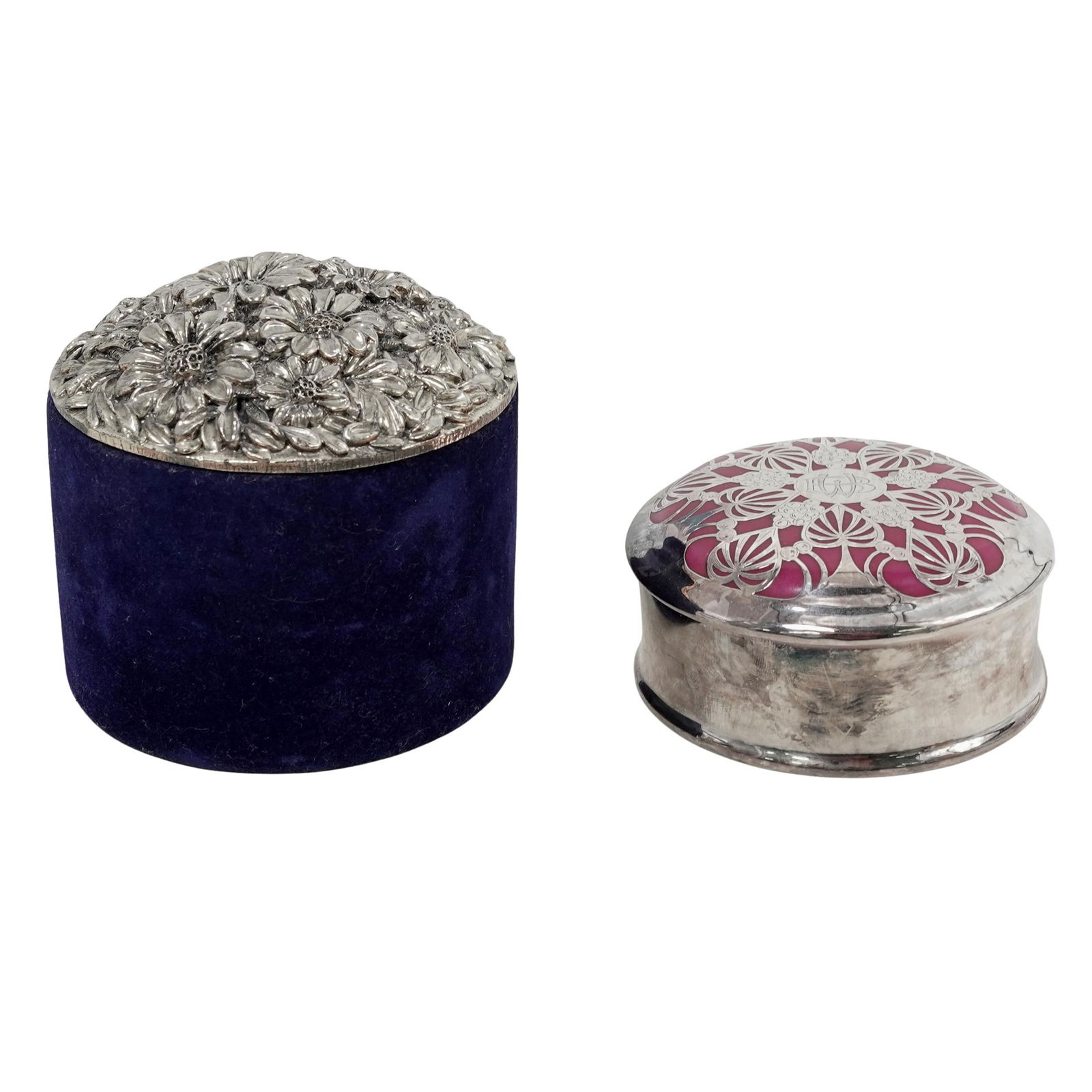 (2 Pc) Antique Sterling Silver Overlay Jewelry Boxes: (2 Pc) Antique Sterling Silver Overlay Jewelry Boxes 20th century,USA Lot includes: (1) Blue Velvet round box with Sterling Silver Repousse lid. Marked 925 (2) Pink round porcelain box with sterling