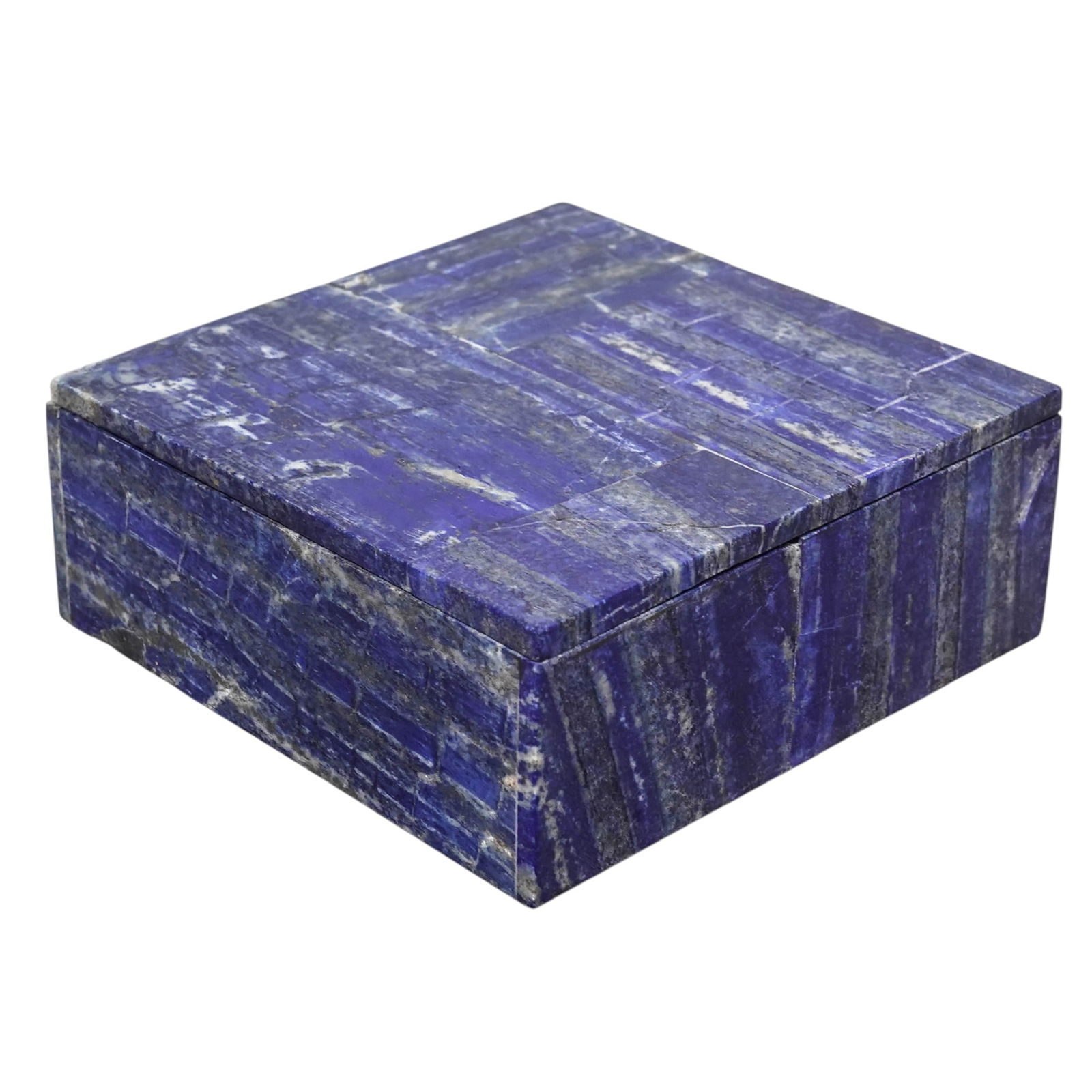 Vintage Lapis Lazuli Box: Vintage Lapis Lazuli Box 20th century, Continental A carved lapis lazuli square box, lined with a dark grey marbled stone. H 2" x L 5.375" x W 5.375"
