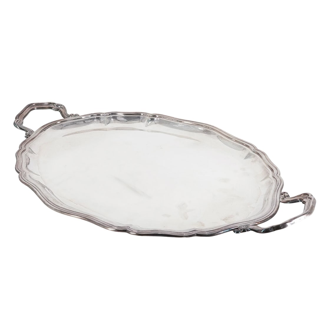 Antique 800 Silver Serving Tray: Antique 800 Silver Serving Tray 20th century, European The large 800 silver tray features a classic oval shape with a scalloped edge and two integrated handles. Marked on the underside. Weight: