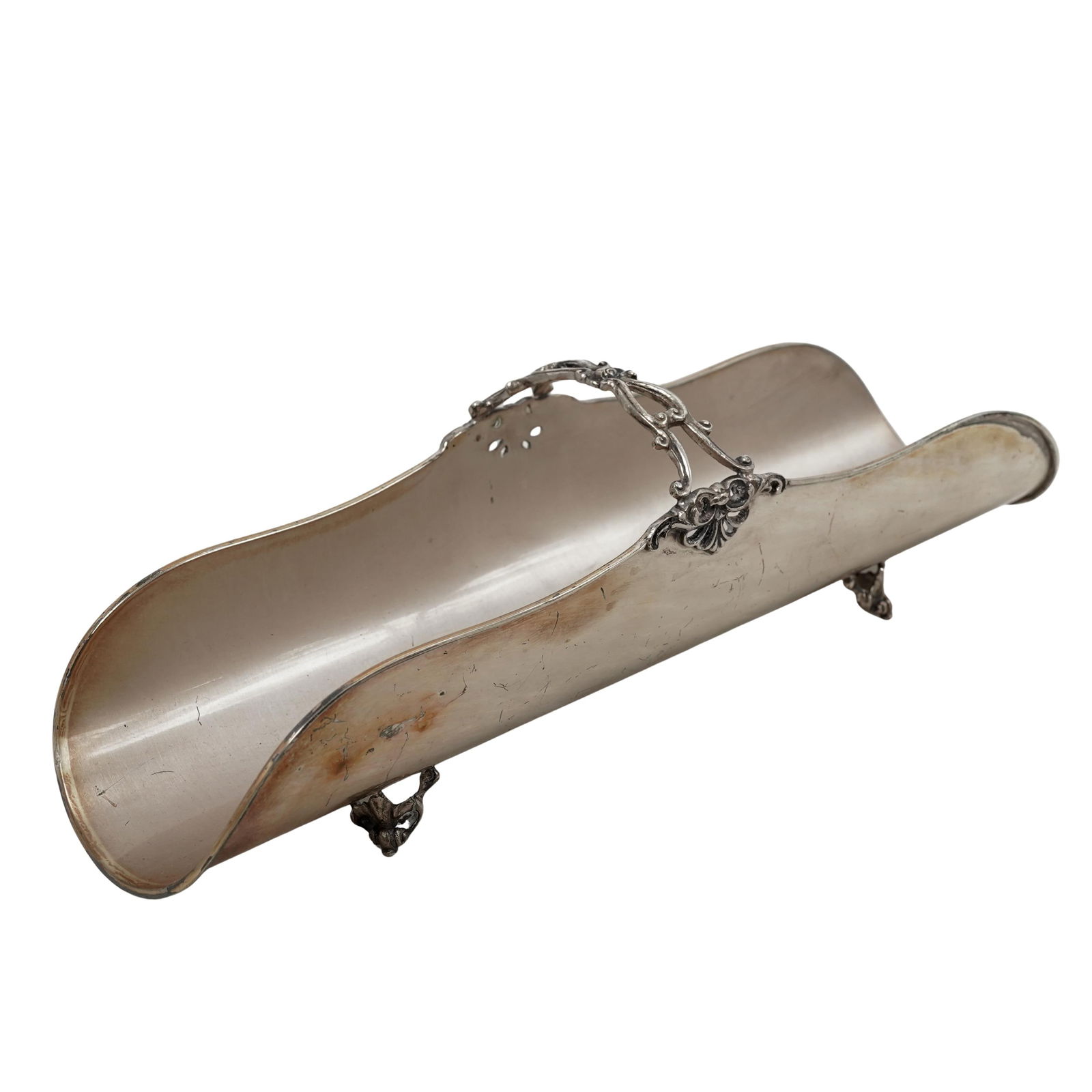 Antique 800 Silver Rococo Breadstick Holder: Antique 800 Silver Rococo Breadstick Holder Early 20th century, European It features an elongated, trough-like body designed to hold long items like breadsticks or asparagus. The piece is decorated