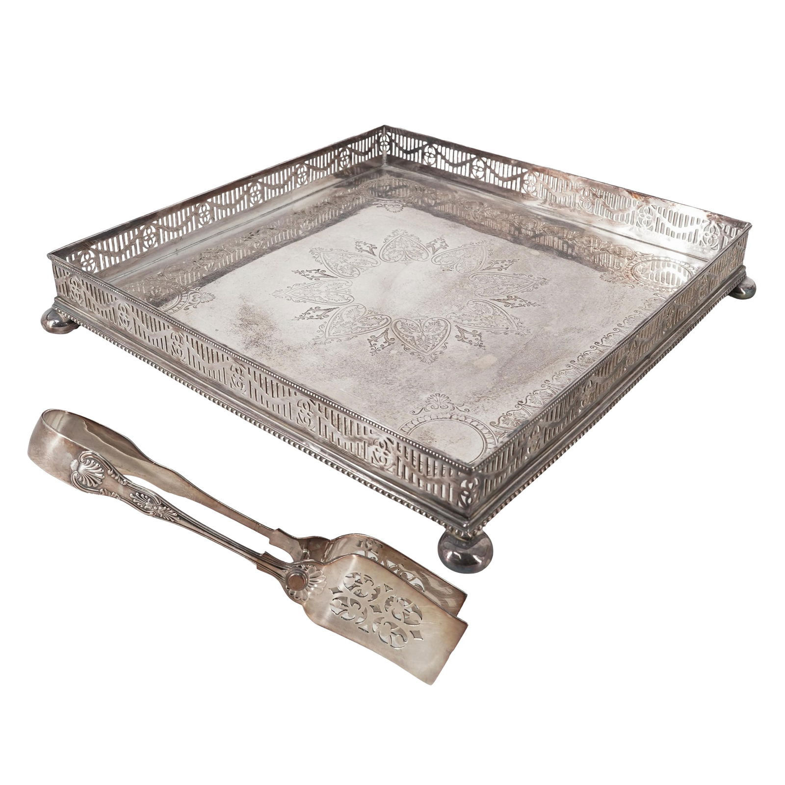 (2pc) Joseph Sankey & Sons Silver Plated Footed Gallery Tray & Tongs (1 of 9)